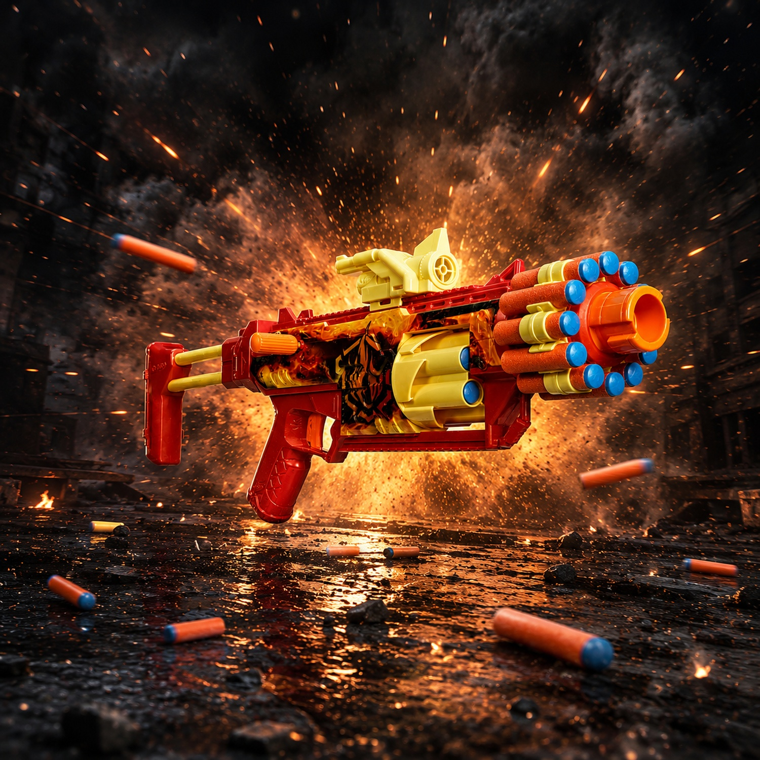 Red and yellow toy blaster with foam darts floating against a dramatic fiery explosion background.