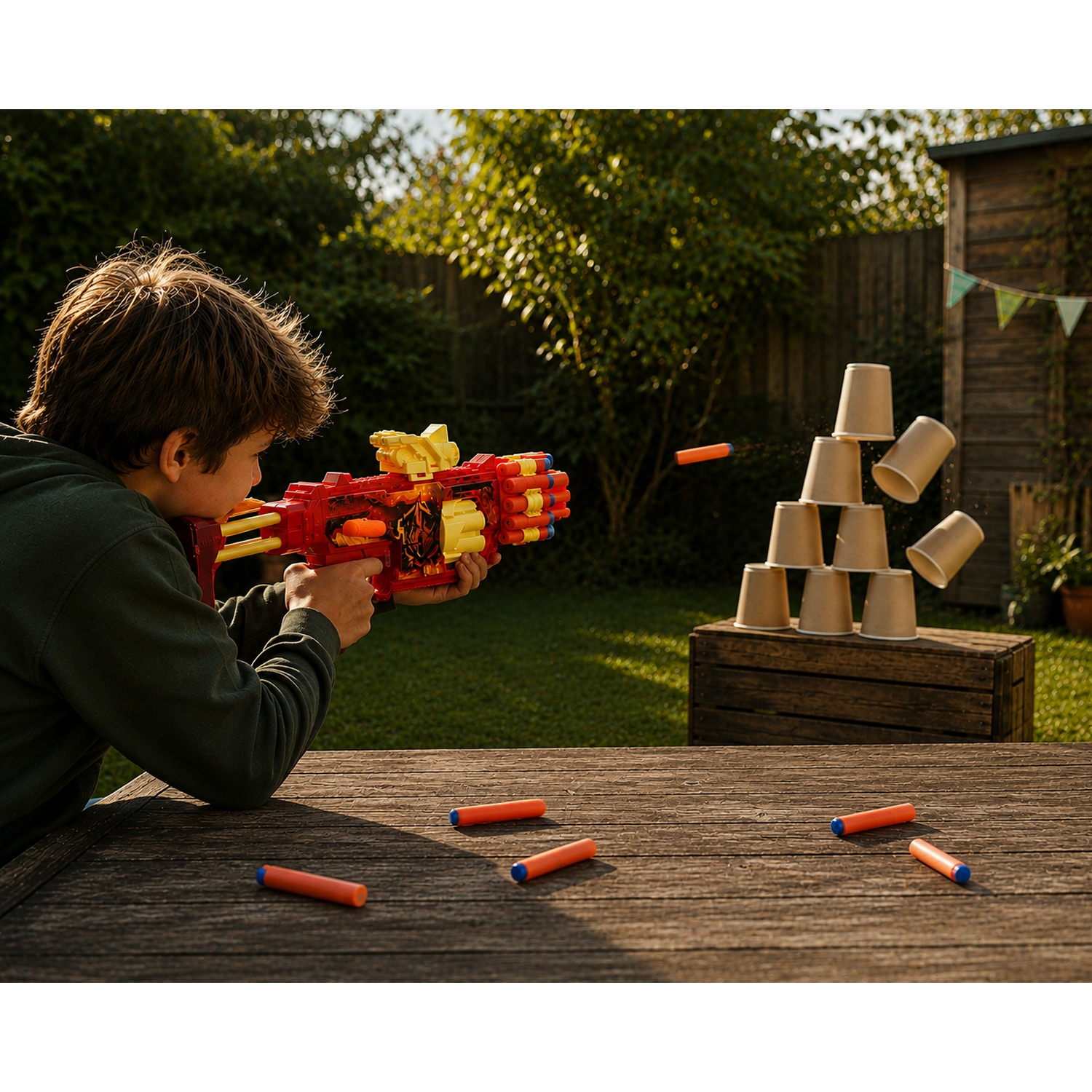 A boy aims a red toy blaster at a stack of paper cups in a sunny garden.
