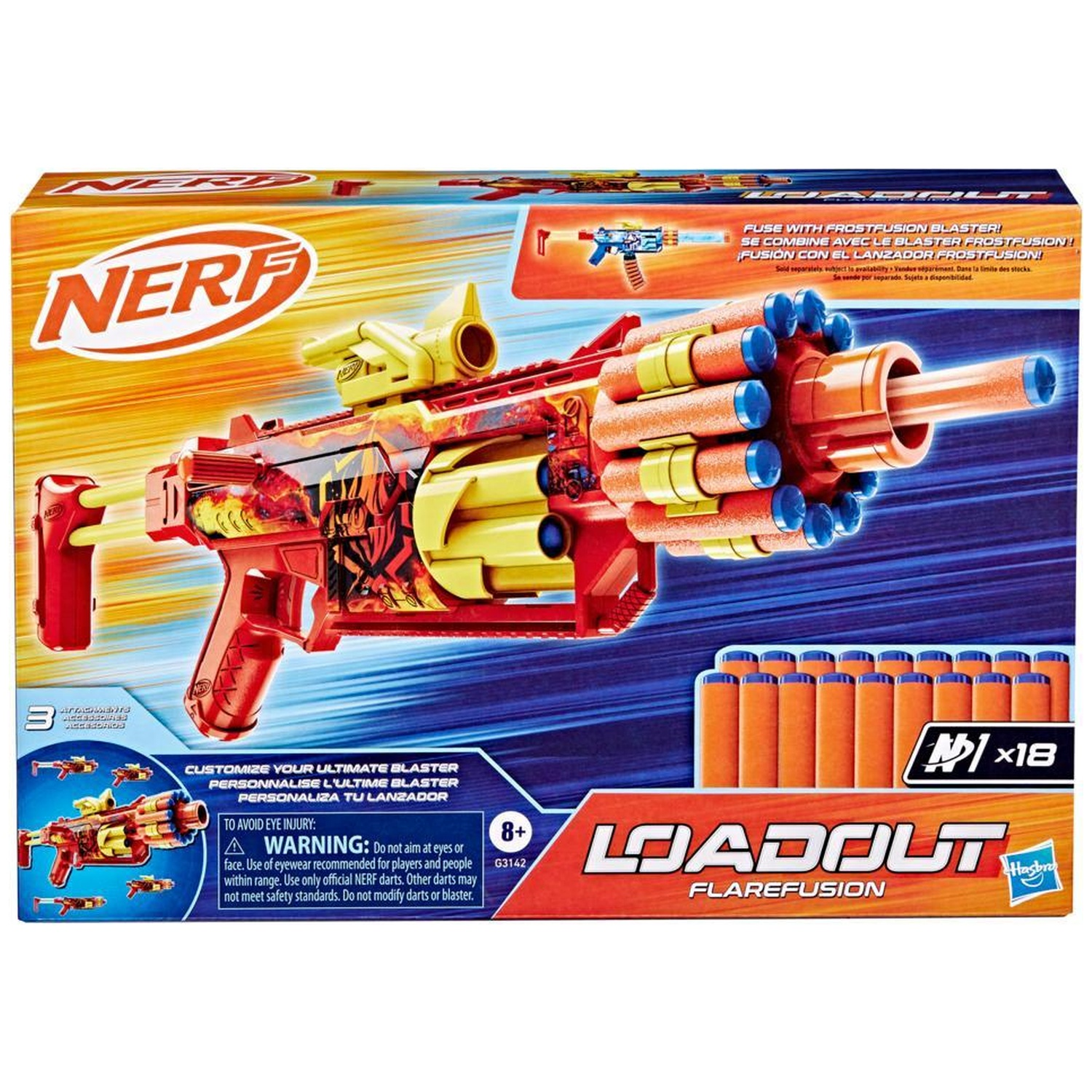 Nerf Loadout Flarefusion toy blaster in red and yellow with drum magazine and darts on colorful packaging.