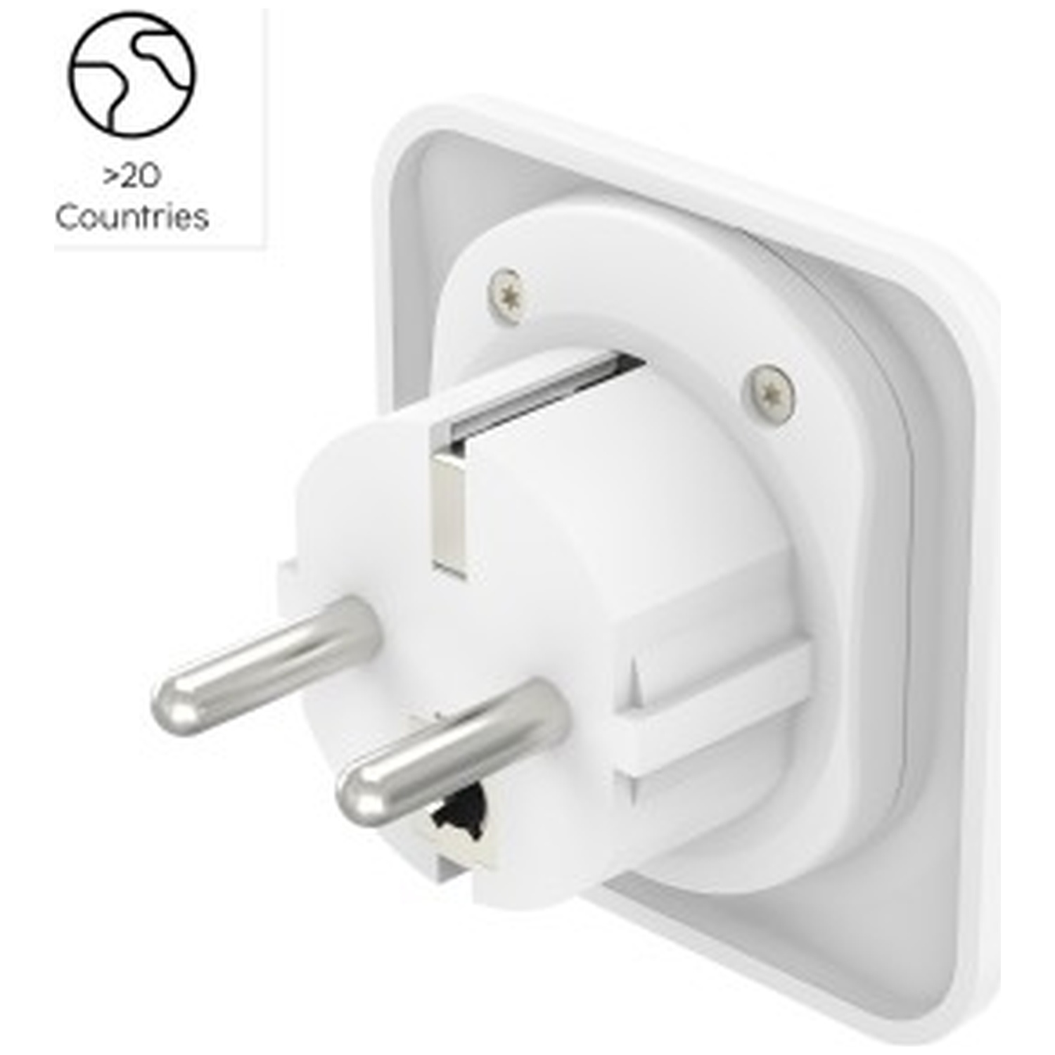 Een witte stekker met twee metalen pinnen en een geïntegreerd stopcontact.