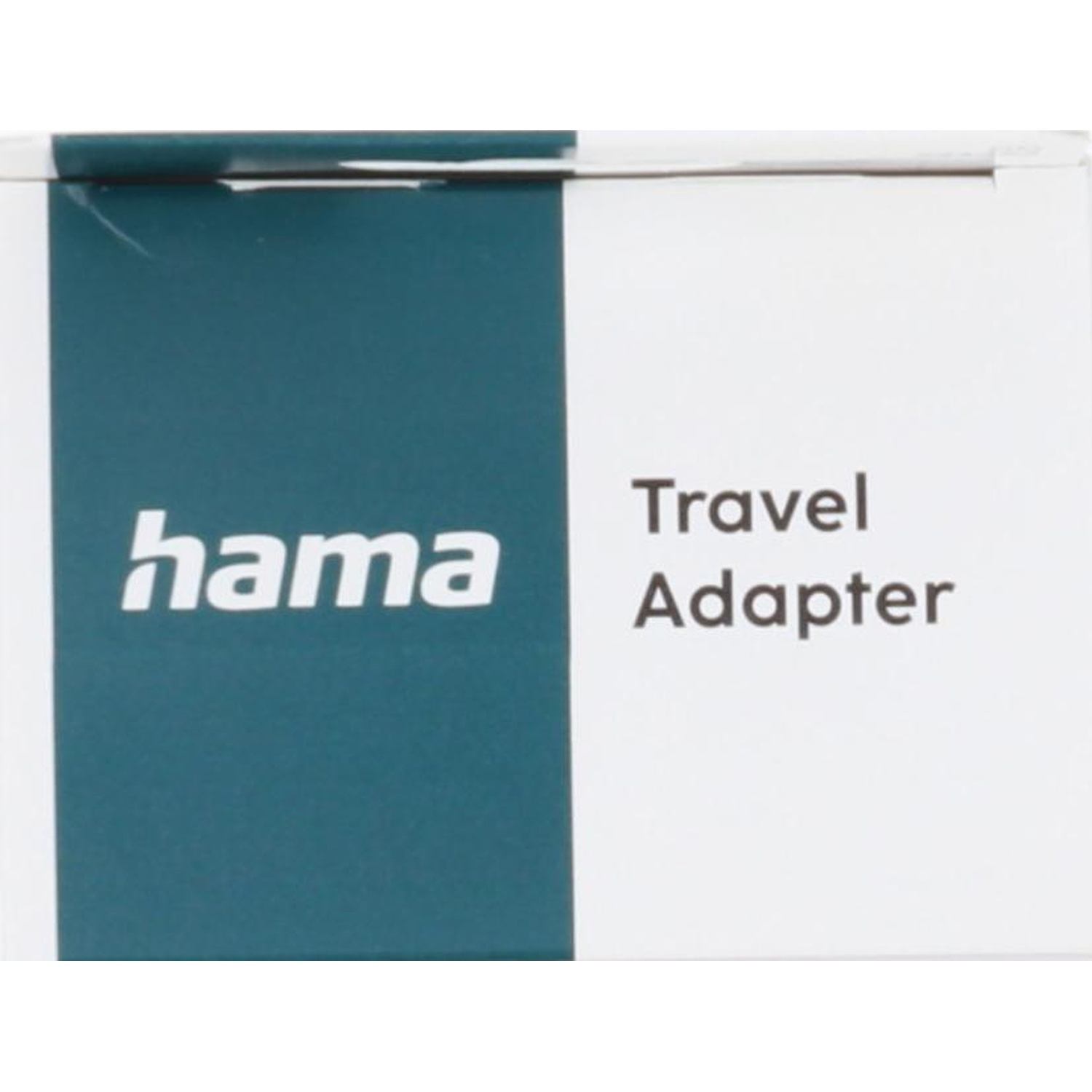 Verpakking met het Hama-logo en de tekst "Travel Adapter" op een witte en turquoise achtergrond.