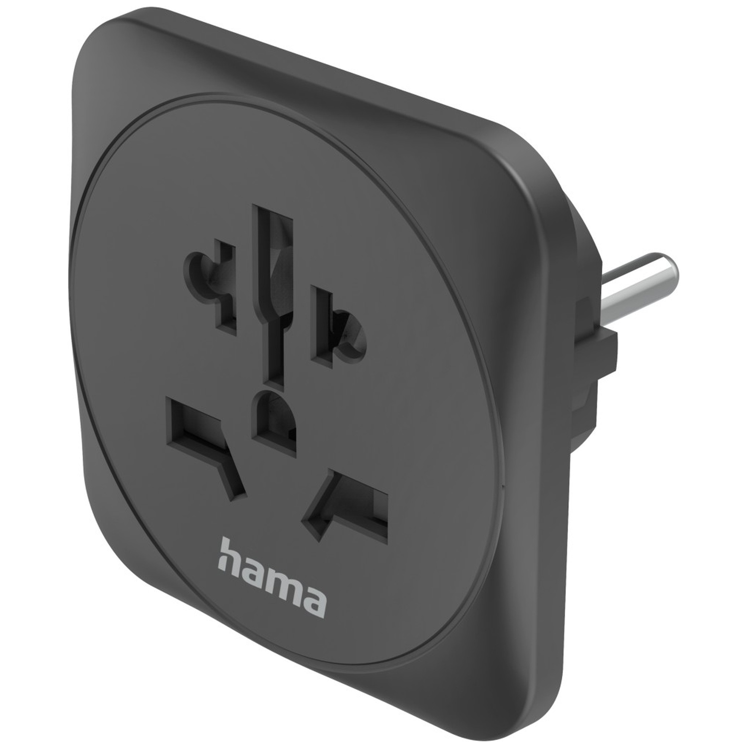 Een zwarte Hama reisadapter met verschillende contactdoosopeningen en een metalen pin.