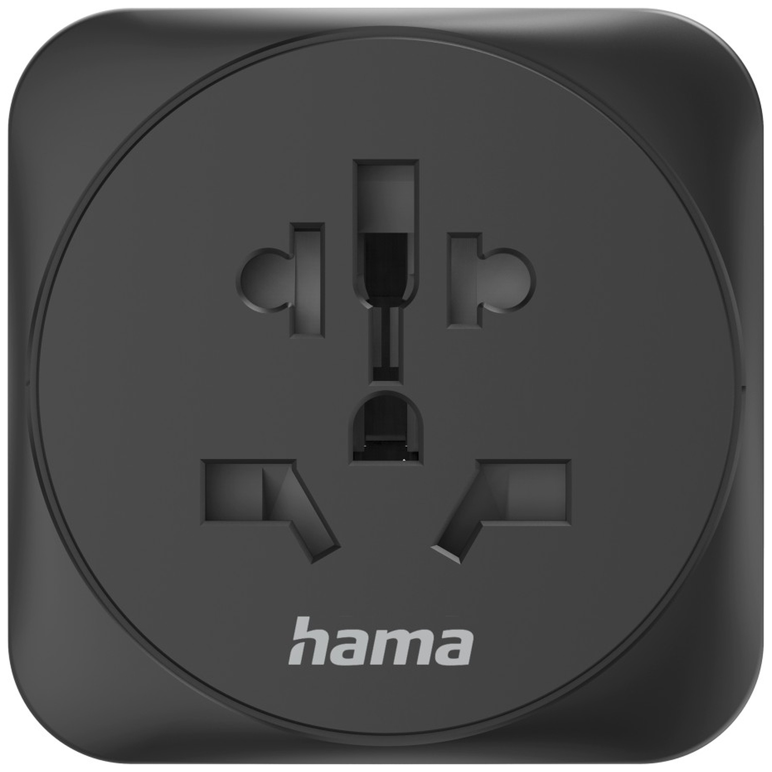Een zwarte Hama reisadapter met ronde aansluiting en diverse gaten.