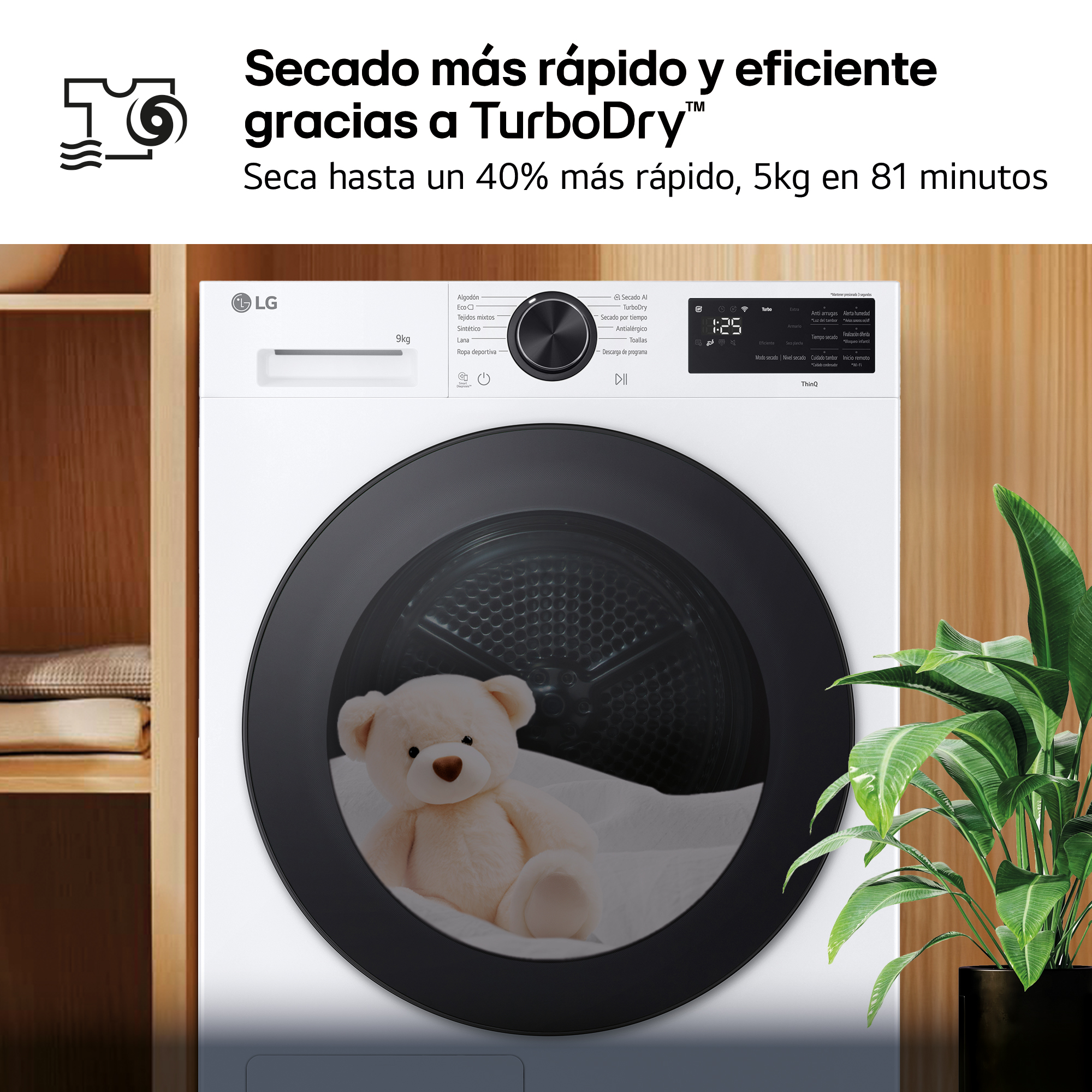 Secado más rápido y eficiente gracias a TurboDry™ Seca hasta un 40% más rápido, 5kg en 81 minutos