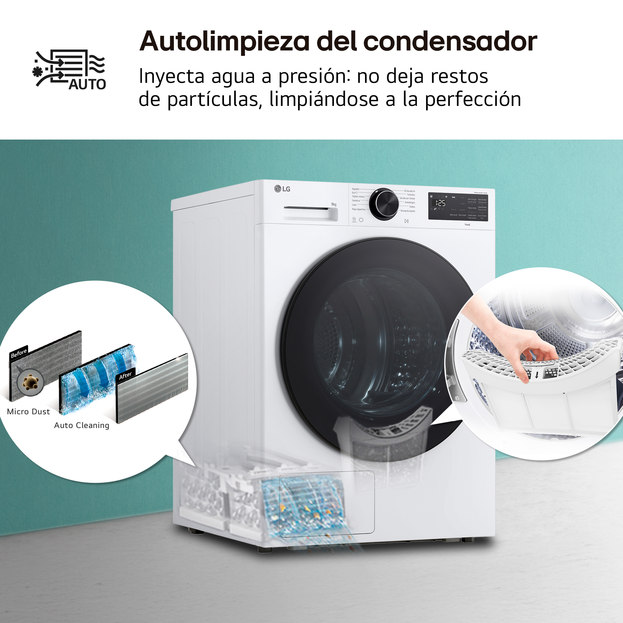 Autolimpieza del condensador Inyecta agua a presión: no deja restos de partículas, limpiándose a la perfección