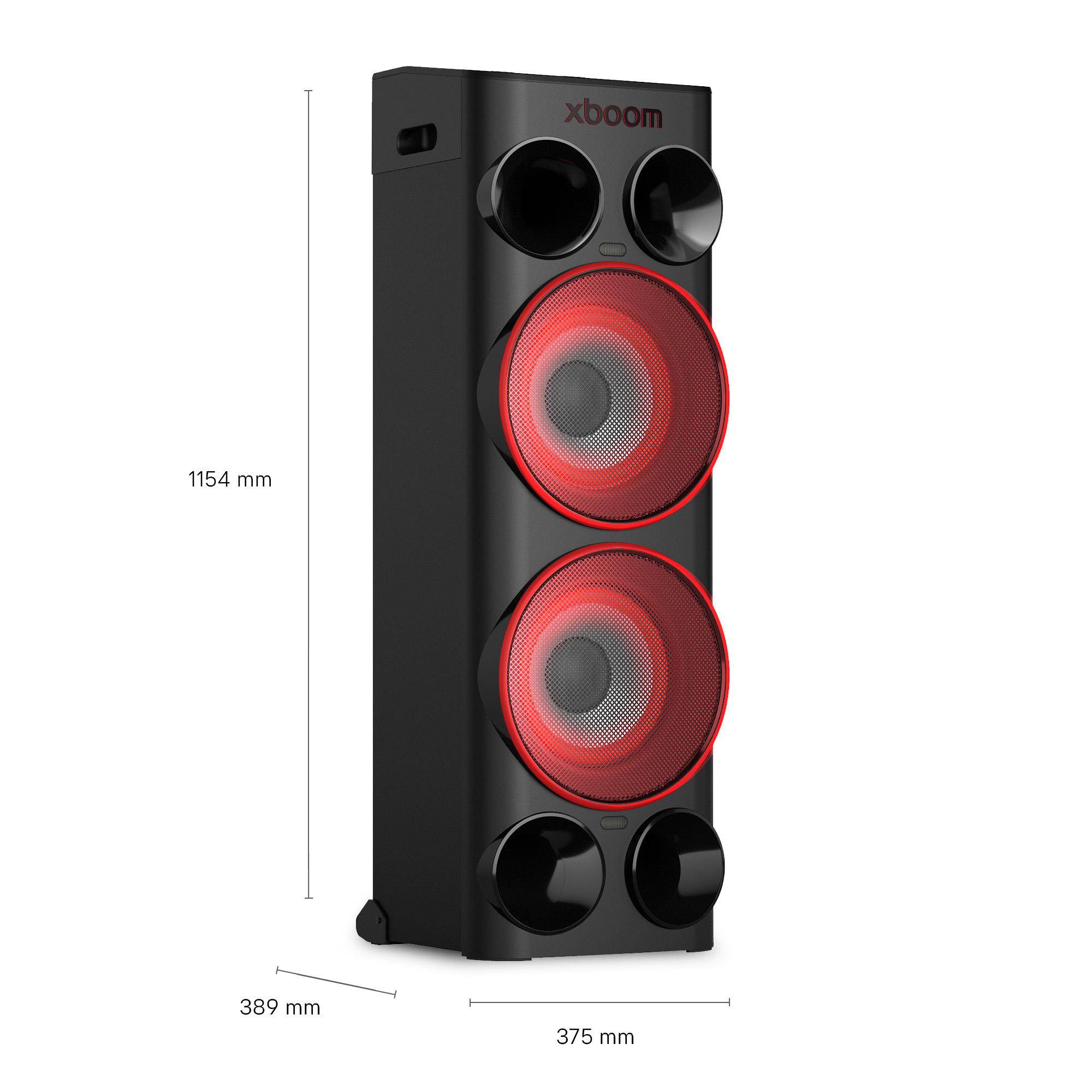 Altavoz de fiesta LG Xboom negro con detalles rojos y medidas de dimensiones en milímetros.