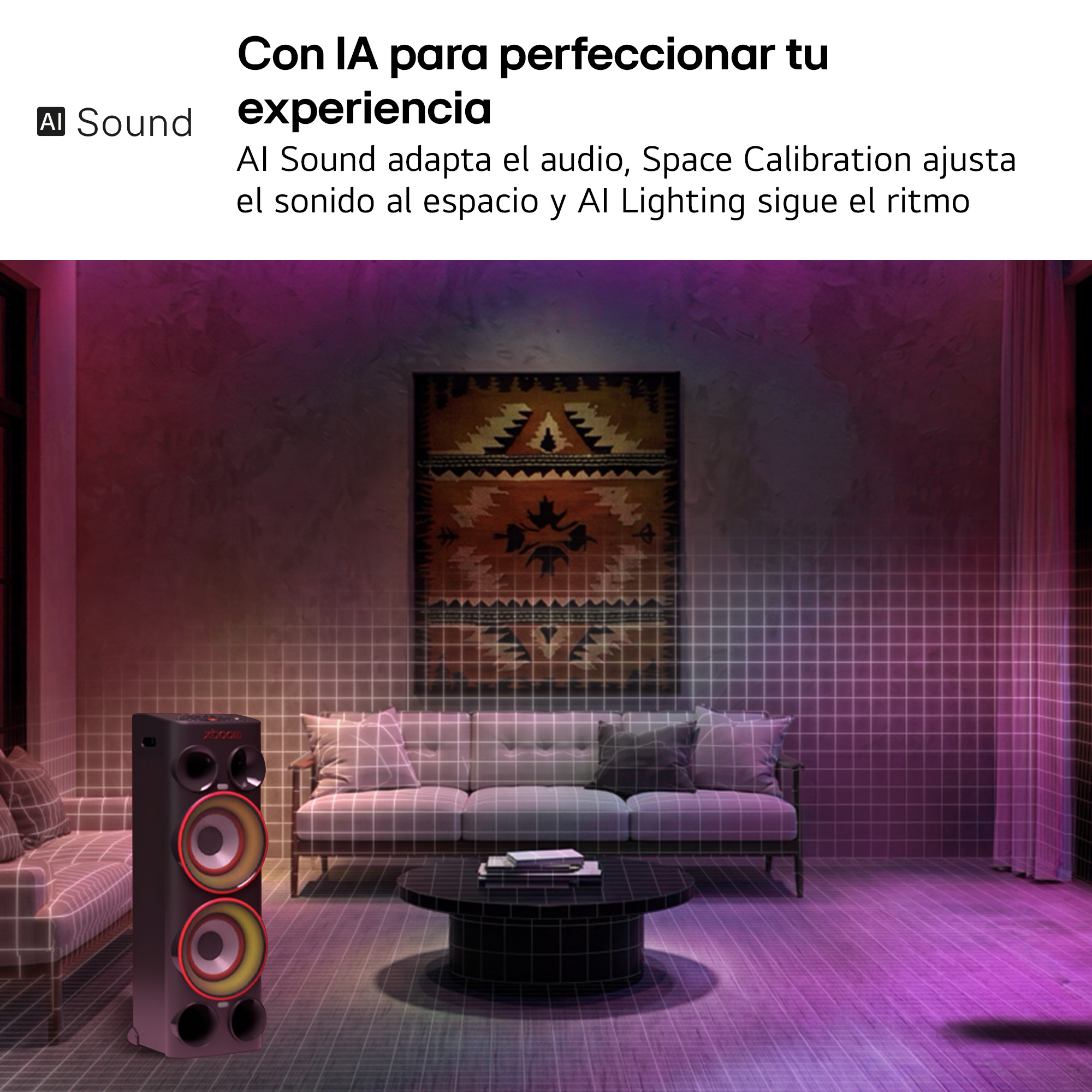 Con IA para perfeccionar tu experiencia AI Sound adapta el audio, Space Calibration ajusta el sonido al espacio y AI Lighting sigue el ritmo