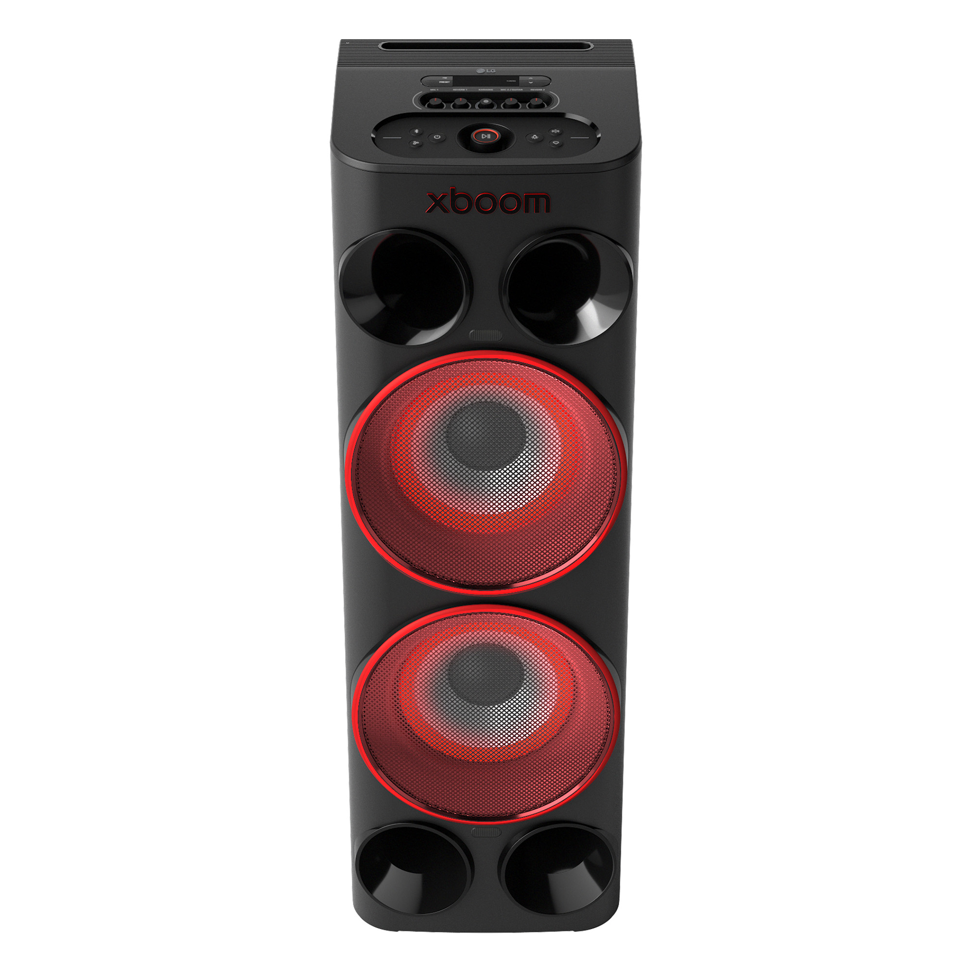 Altavoz de fiesta LG Xboom negro con dos woofers grandes iluminados en rojo y panel de control arriba.