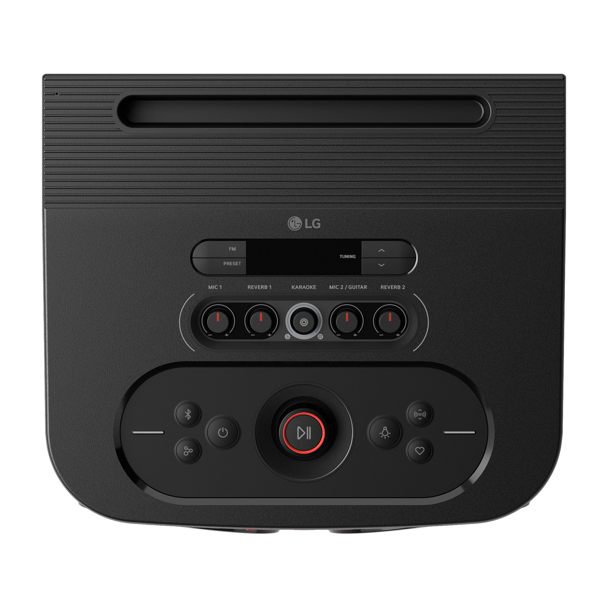 Panel superior de un sistema de audio LG negro con perillas de control, botones y una pantalla.