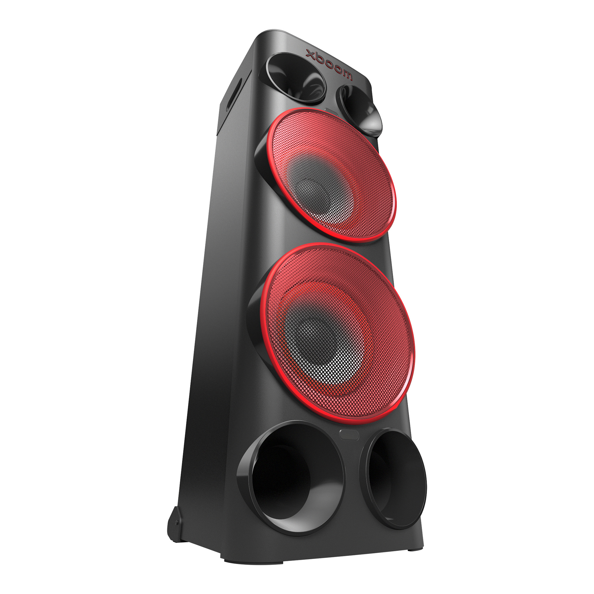 Un altavoz de fiesta XBOOM negro alto con dos conos de altavoz rojos grandes y aberturas negras.