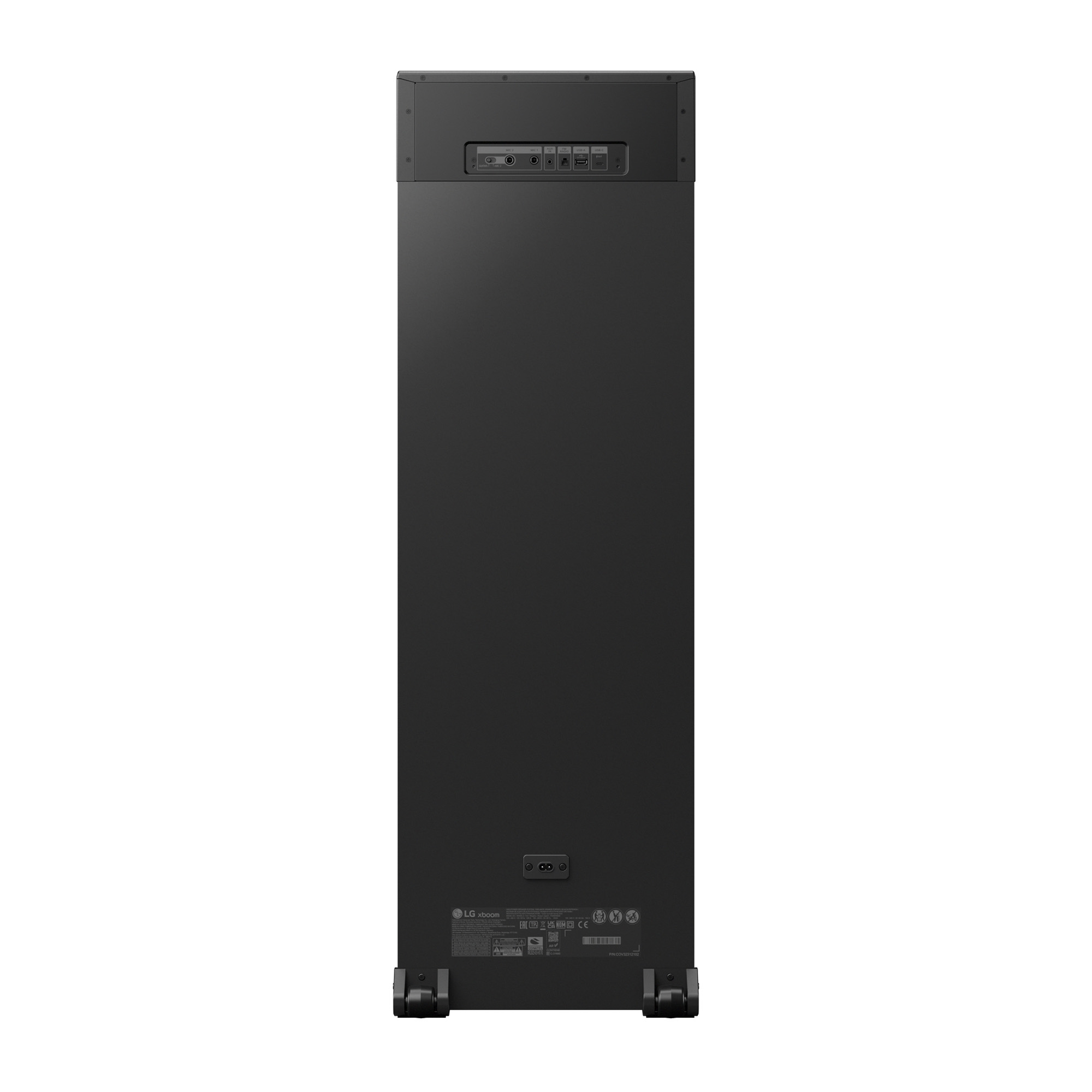Vista trasera de un altavoz LG Xboom negro con puertos de conexión y ruedas.