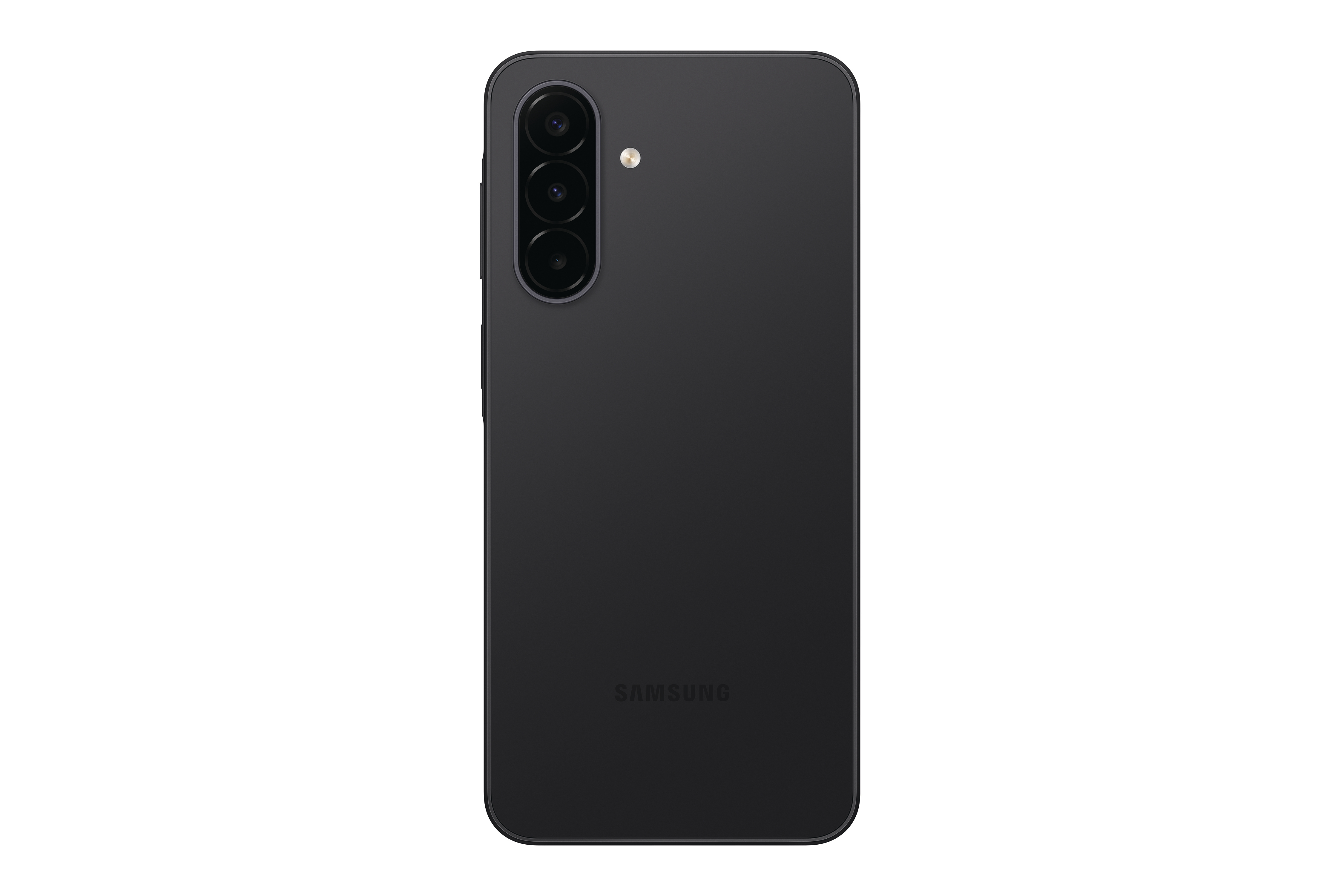 Die Rückseite eines schwarzen Smartphones mit drei senkrecht angeordneten Kameras und dem Samsung-Logo.