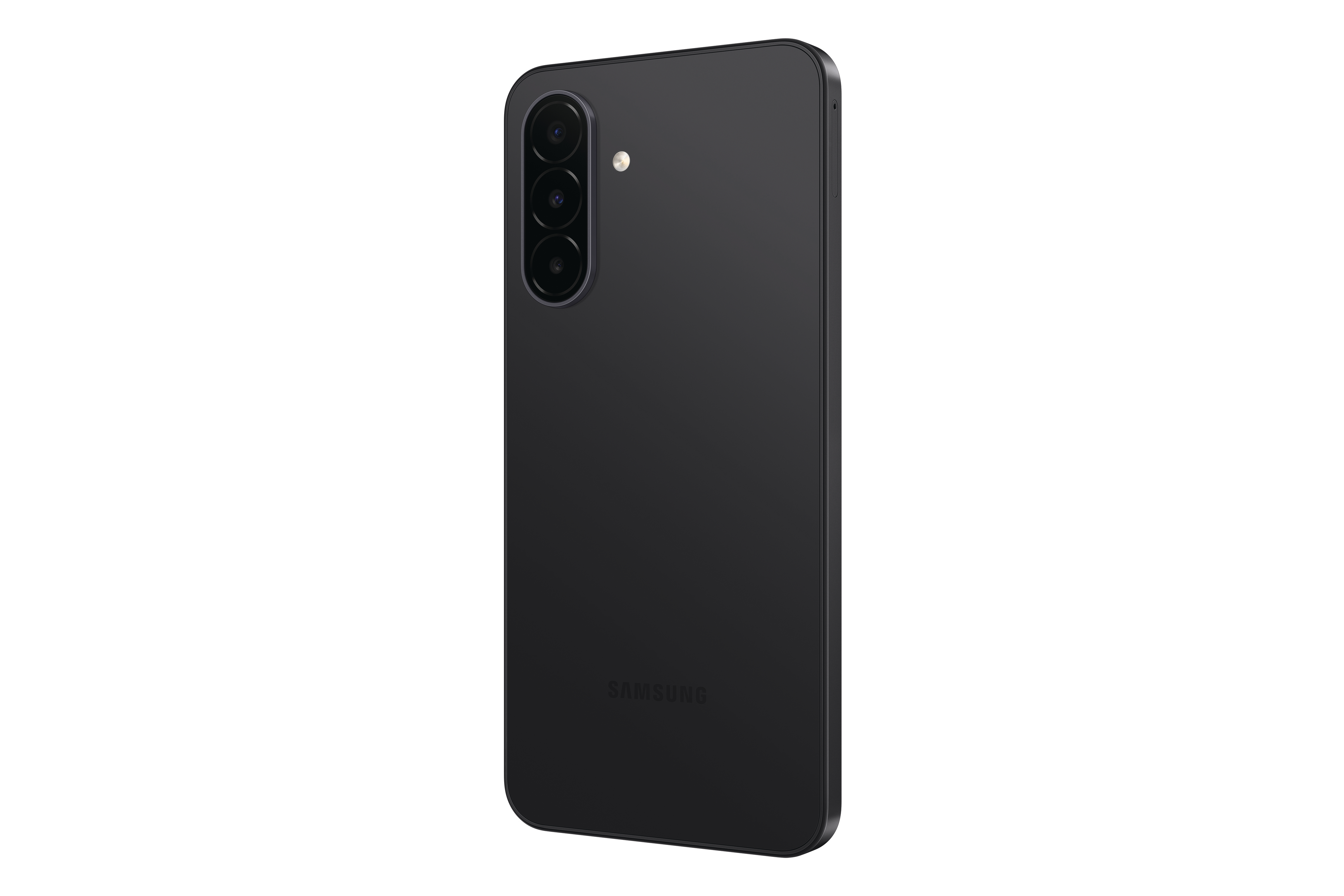 Rückansicht eines schwarzen Samsung-Smartphones mit drei vertikalen Kameras auf der linken Seite und weißem Logo.