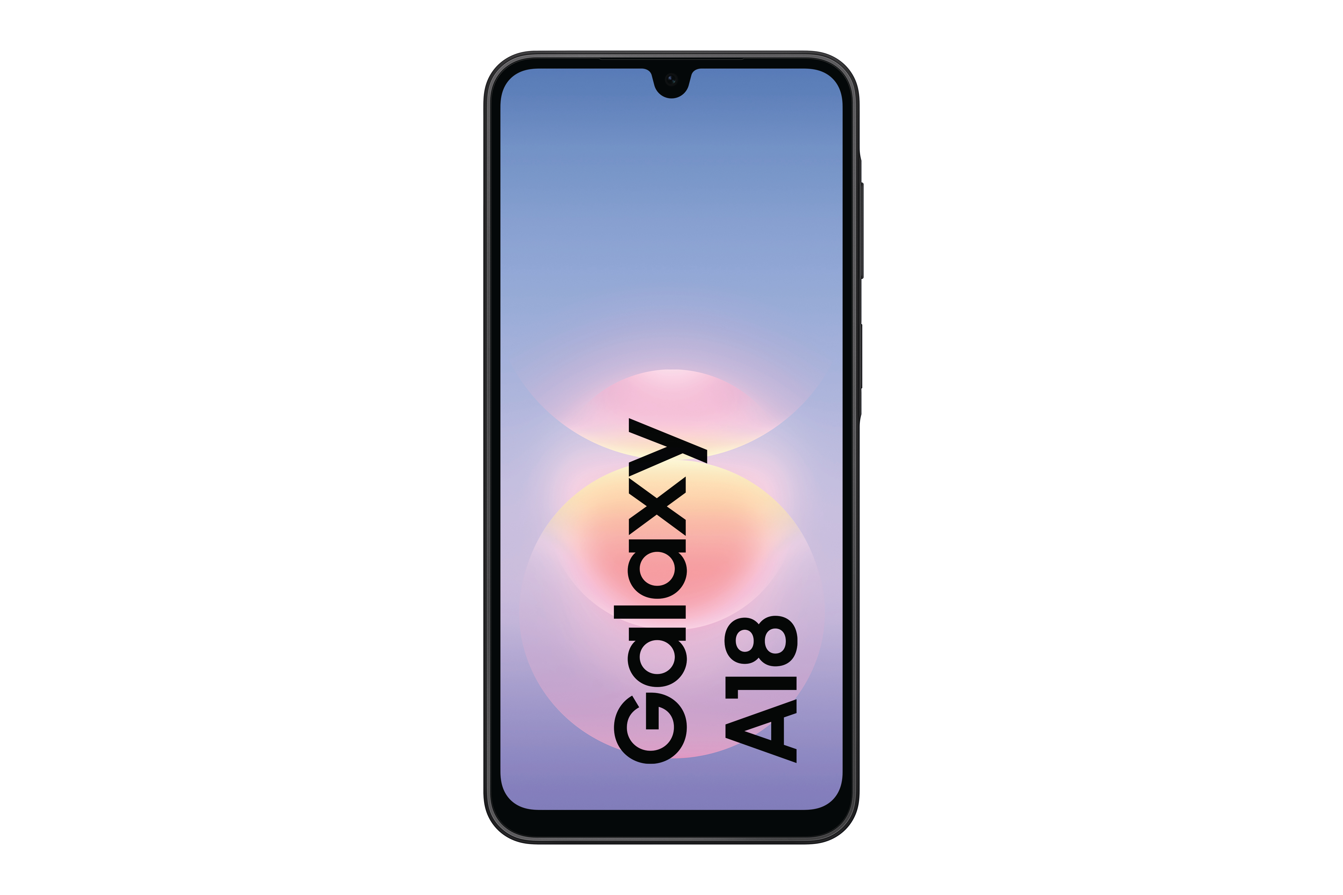 Ein Galaxy A18 Smartphone mit abgerundeten Ecken, einer Notch und buntem Hintergrund auf dem Bildschirm.