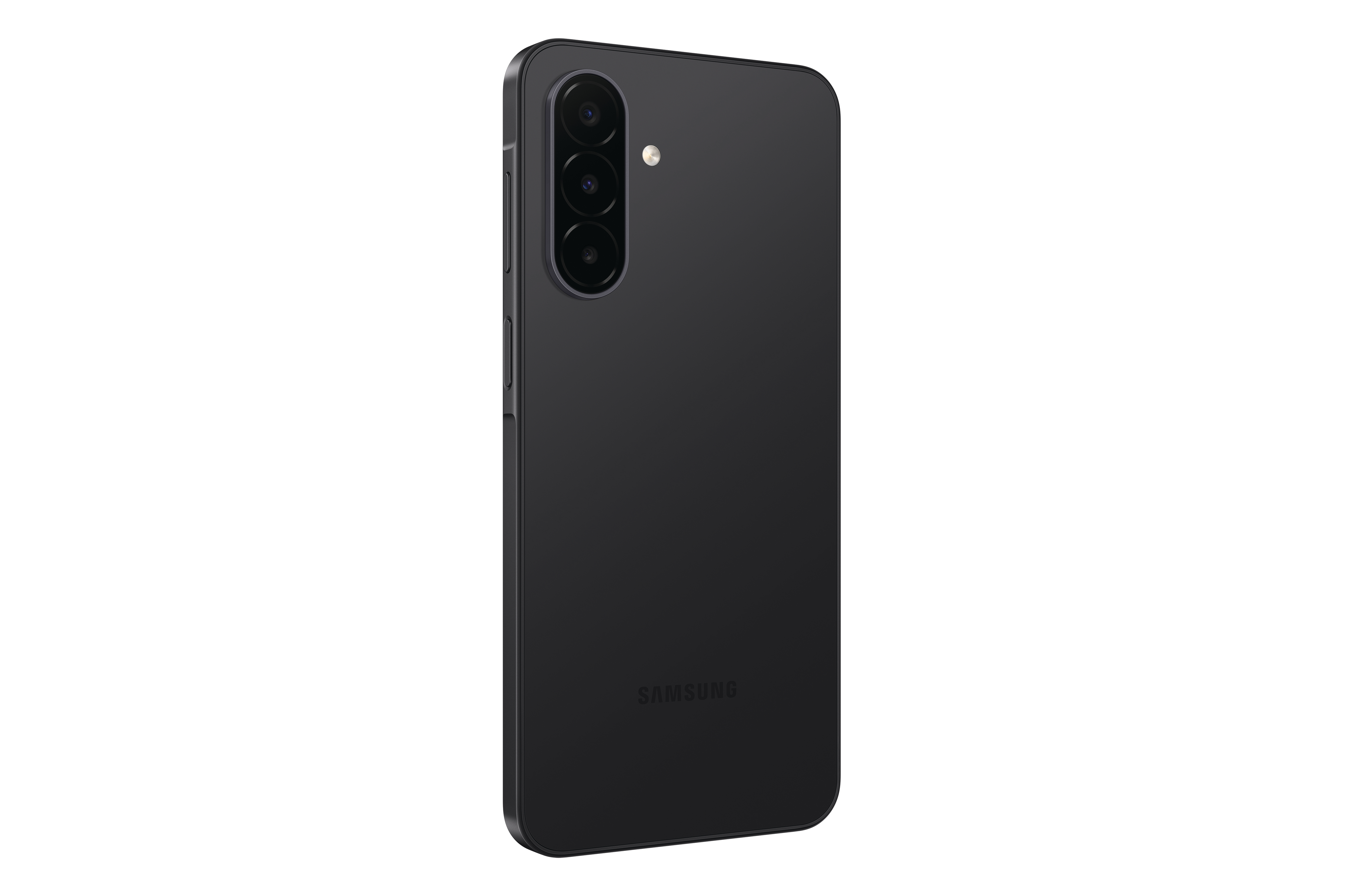 Rückansicht eines schwarzen Samsung-Smartphones mit vertikaler Dreifachkamera und Blitz auf weißem Hintergrund.