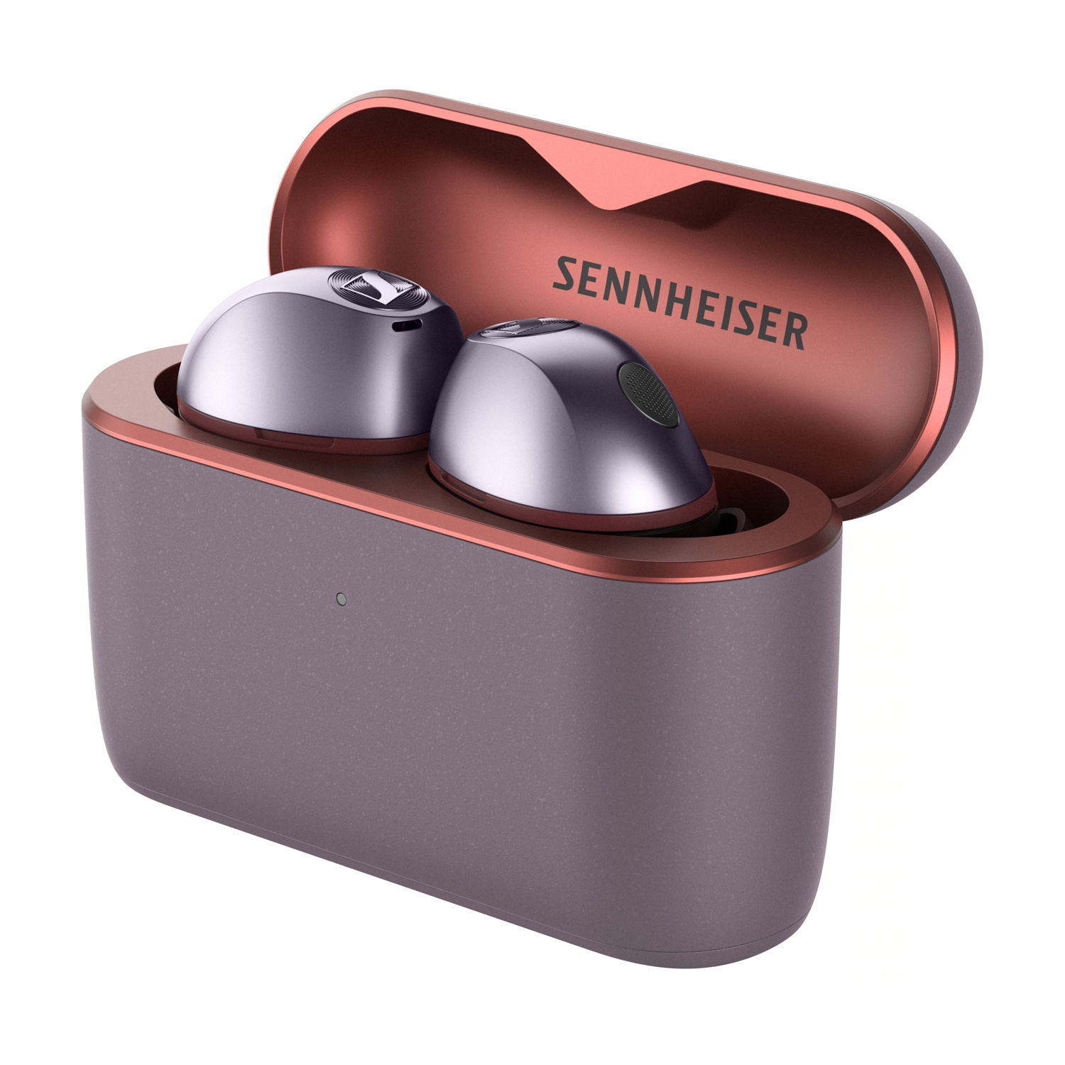 Custodia di ricarica Sennheiser aperta con due auricolari wireless viola metallizzati all'interno.