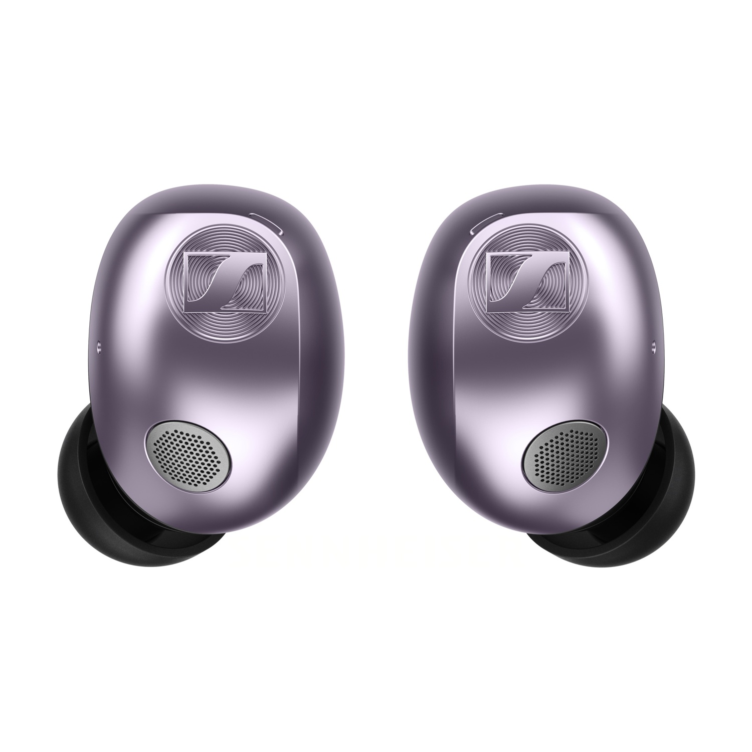 Due auricolari in-ear viola lucidi con punte in silicone nero e logo stampato su sfondo bianco.