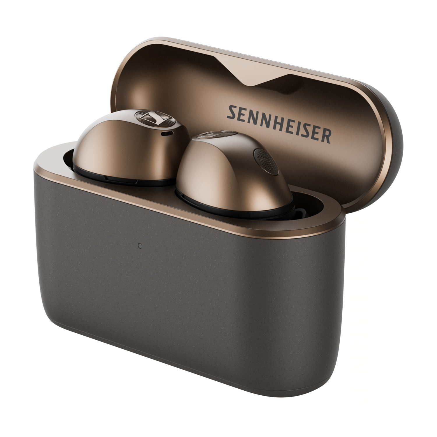 Auricolari wireless dorati Sennheiser in una custodia di carica grigia aperta su sfondo bianco.