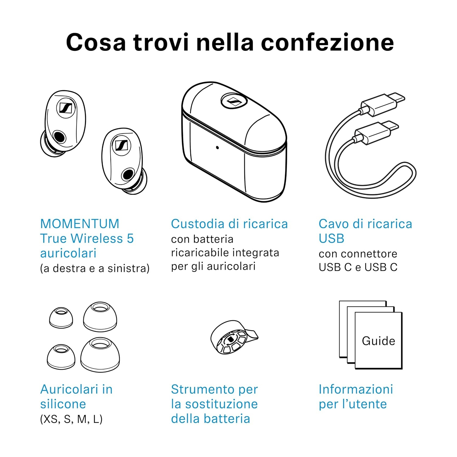 Disegno al tratto con auricolari wireless, custodia di ricarica, cavo USB, copriauricolari e manuali.