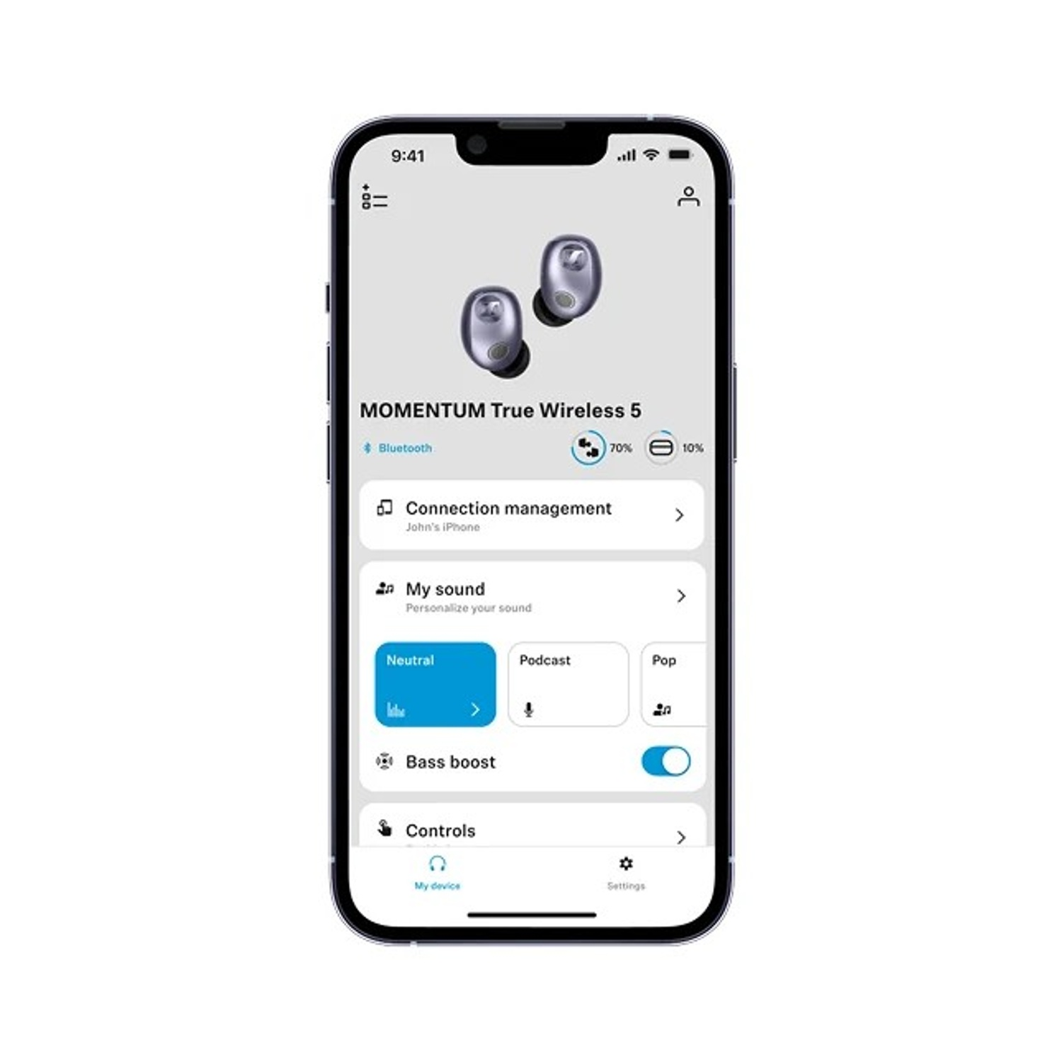 App per smartphone per auricolari Momentum True Wireless 5 con impostazioni audio e batteria.