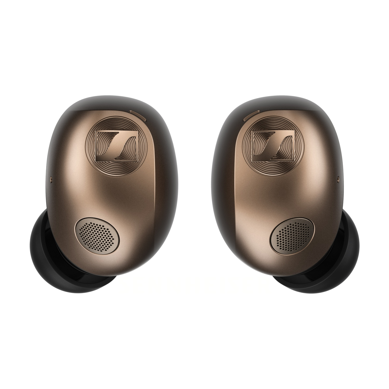 Due auricolari wireless marrone metallizzato con logo e griglie degli altoparlanti su sfondo bianco.