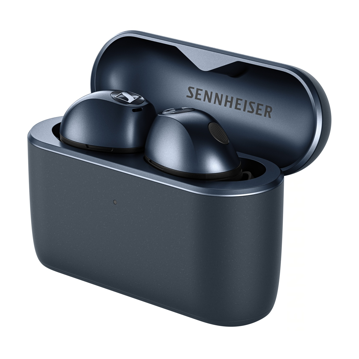 Auricolari wireless Sennheiser blu scuro in una custodia di ricarica.