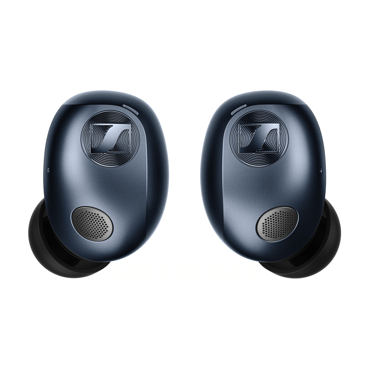Auricolari in-ear Sennheiser blu scuro con logo e griglia dell'altoparlante su sfondo bianco.