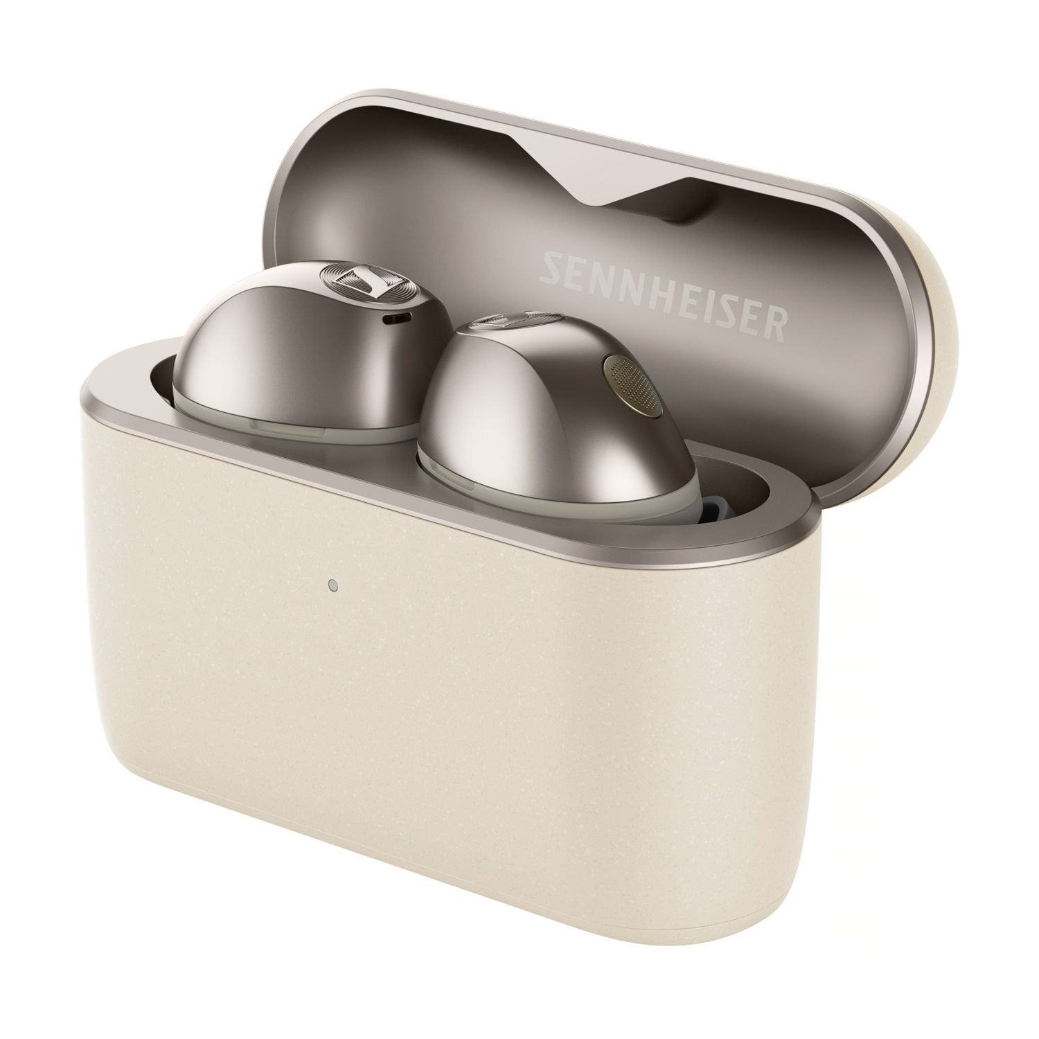 Auricolari wireless Sennheiser in una custodia di ricarica beige aperta su sfondo bianco.