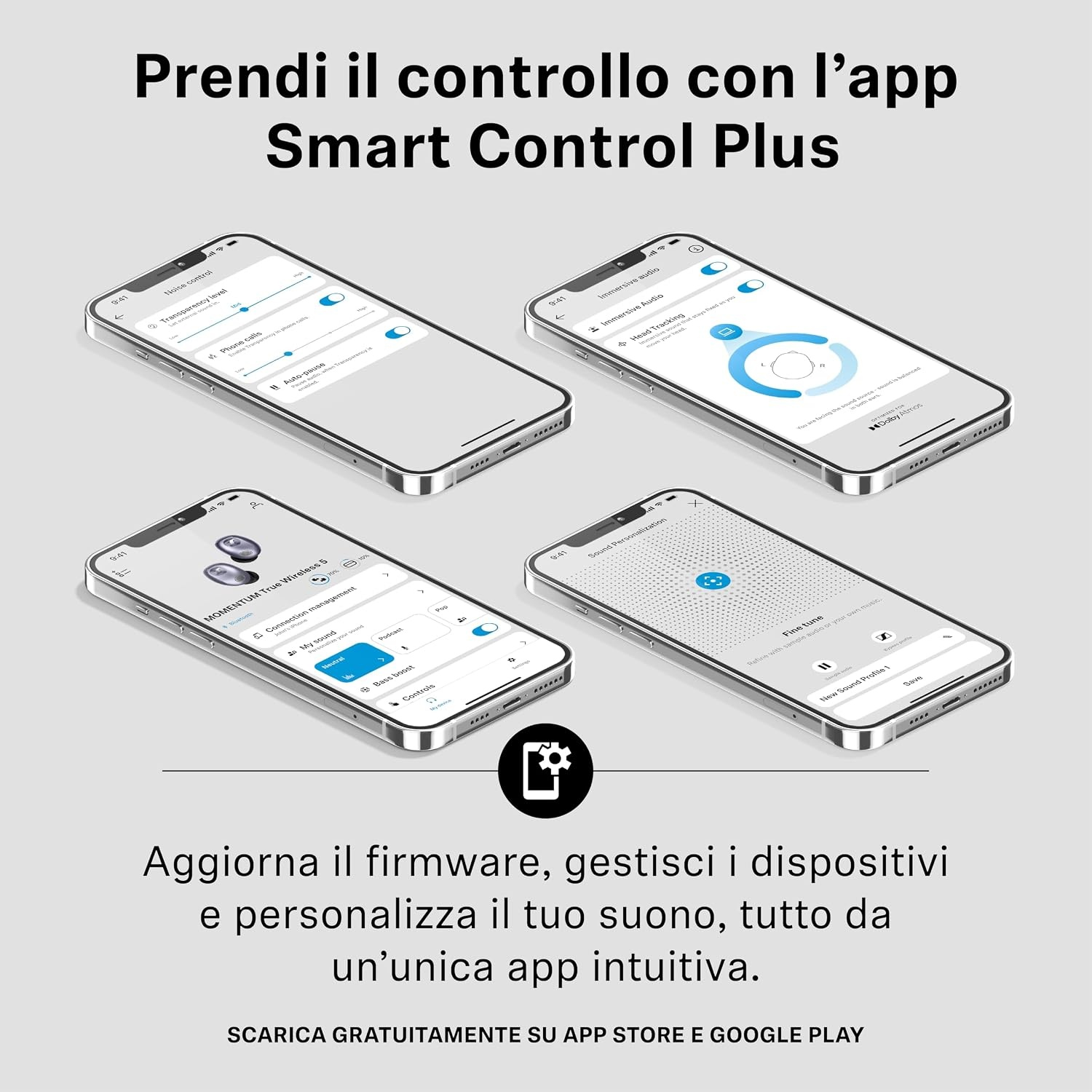 Quattro smartphone mostrano l'app Smart Control Plus per il controllo audio.