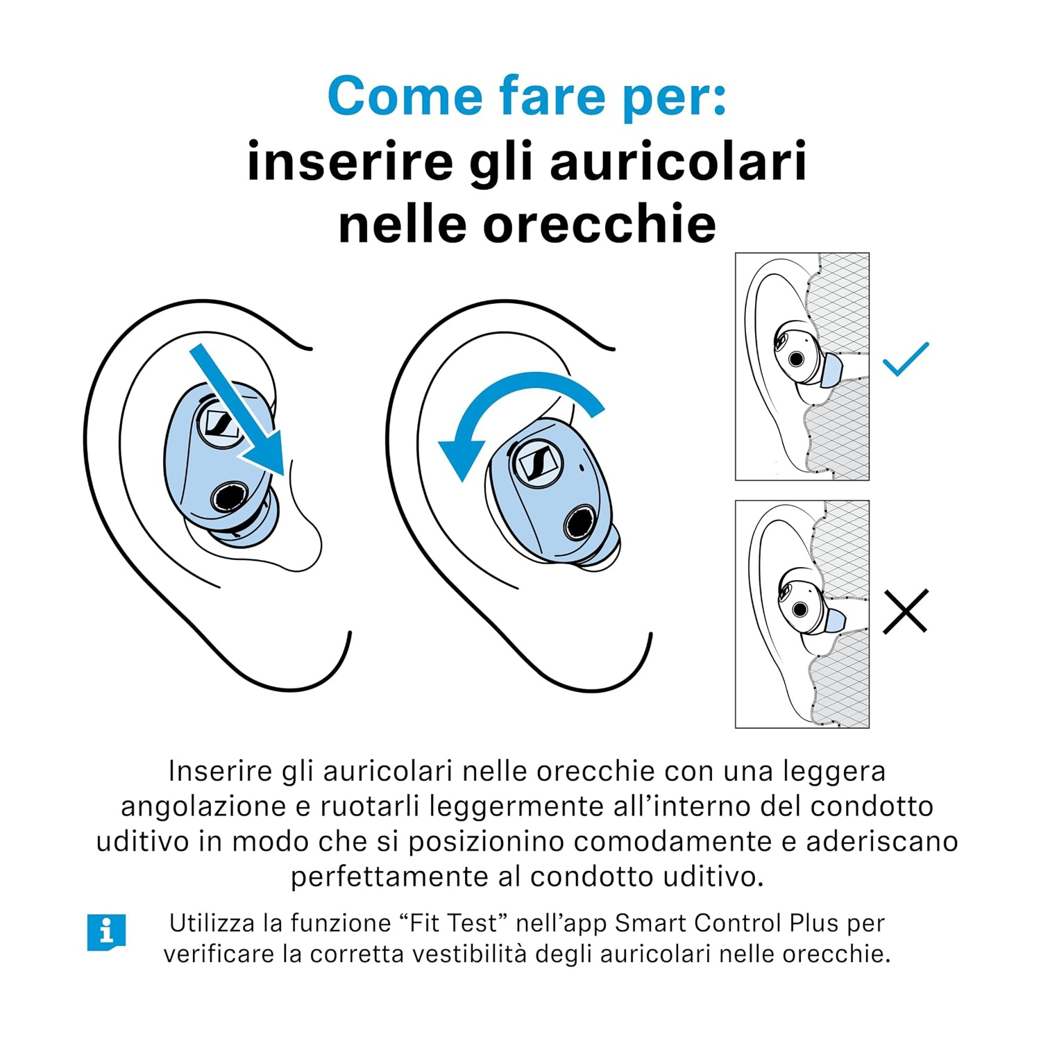 Istruzioni per inserire e ruotare gli auricolari nell'orecchio.