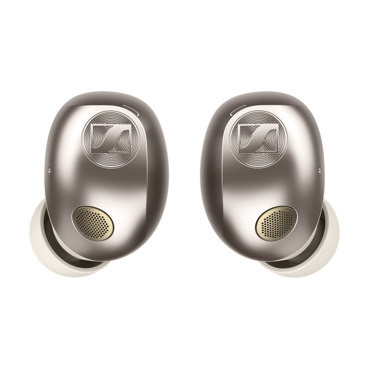 Due auricolari in-ear argento con logo su sfondo bianco.