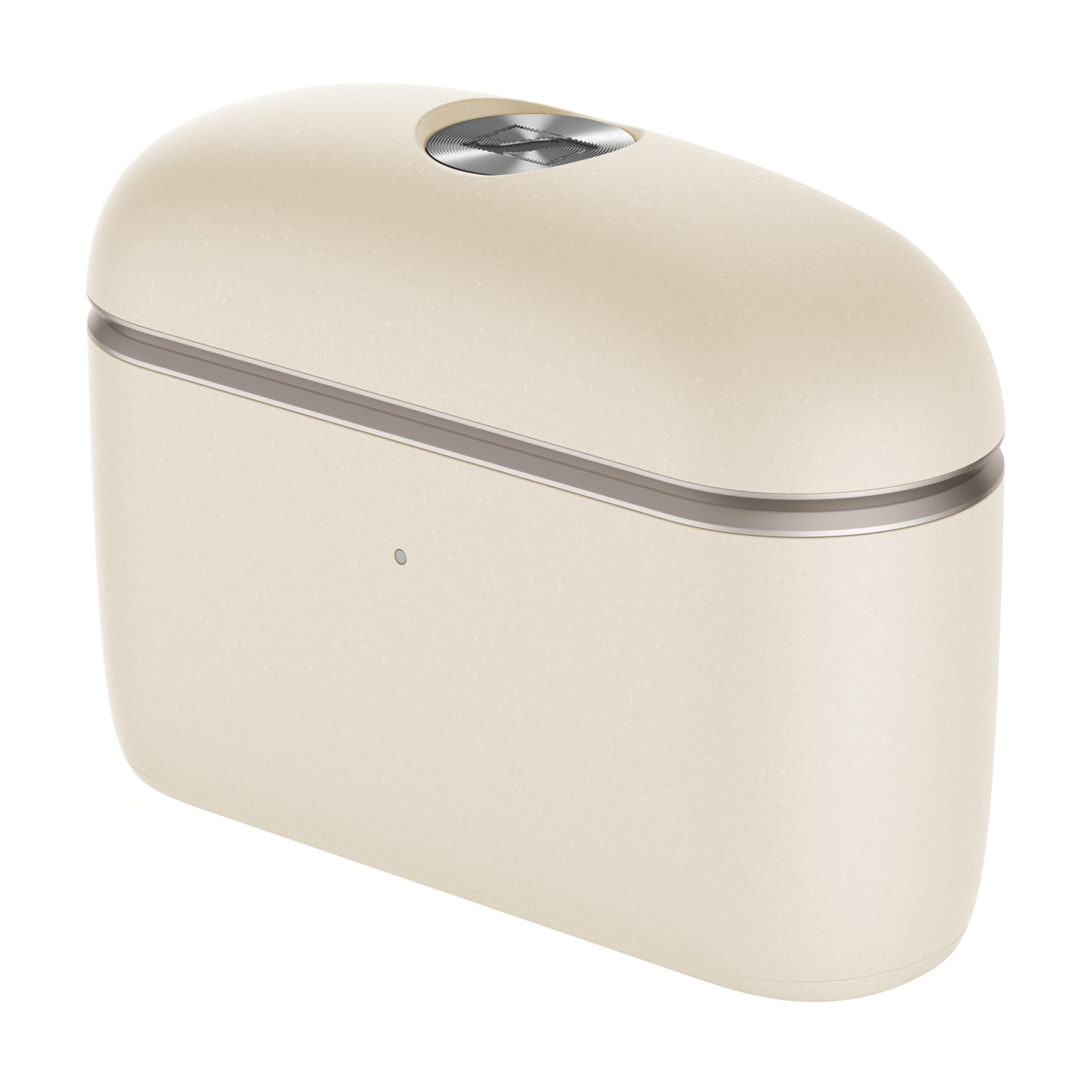 Una custodia di ricarica beige e allungata con bordo argentato e un pulsante rotondo in alto, su sfondo bianco.