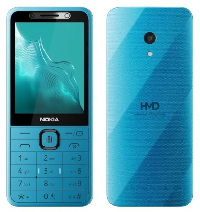 Widok z przodu i z tyłu niebieskiego telefonu Nokia z logo HMD.