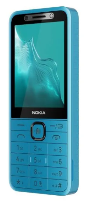 Jasnoniebieski telefon Nokia z fizyczną klawiaturą i ekranem na białym tle.