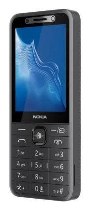 Szary telefon komórkowy Nokia z niebieskim ekranem i fizyczną klawiaturą.
