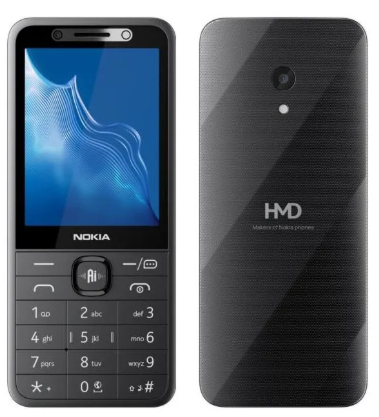 Widok z przodu i z tyłu czarnego telefonu komórkowego Nokia z klawiaturą i logo HMD.