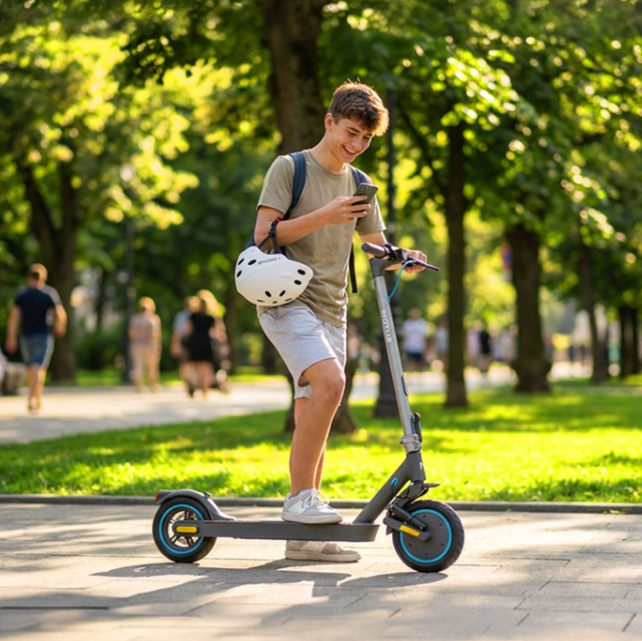 Uśmiechnięty nastolatek jedzie hulajnogą elektryczną przez słoneczny park, patrząc w smartfon.