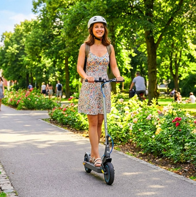 Uśmiechnięta kobieta w kasku jedzie na hulajnodze elektrycznej w parkowej alei.