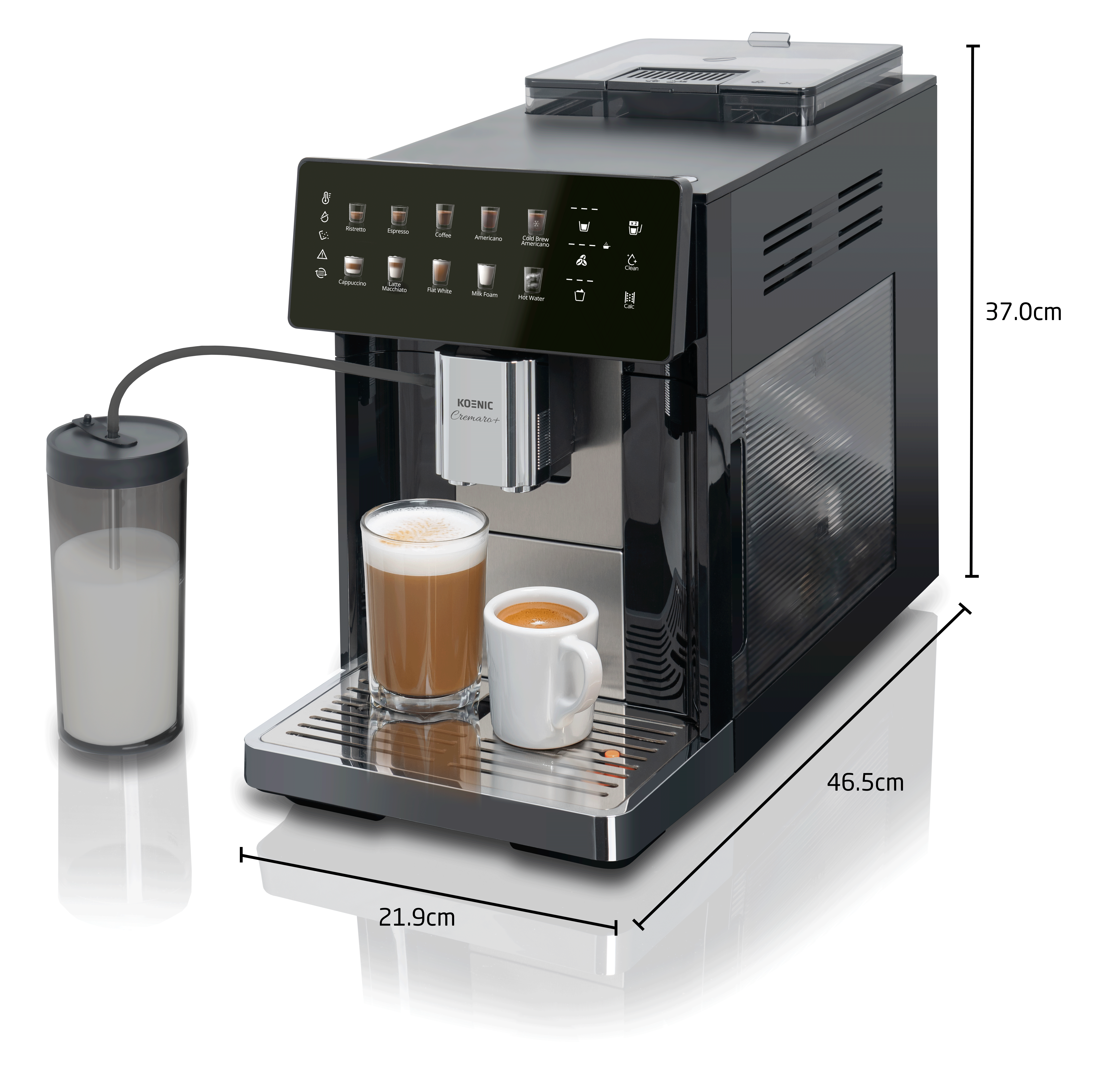 Czarny ekspres automatyczny z pojemnikiem na mleko, szklanką do latte i filiżanką espresso na tacce.