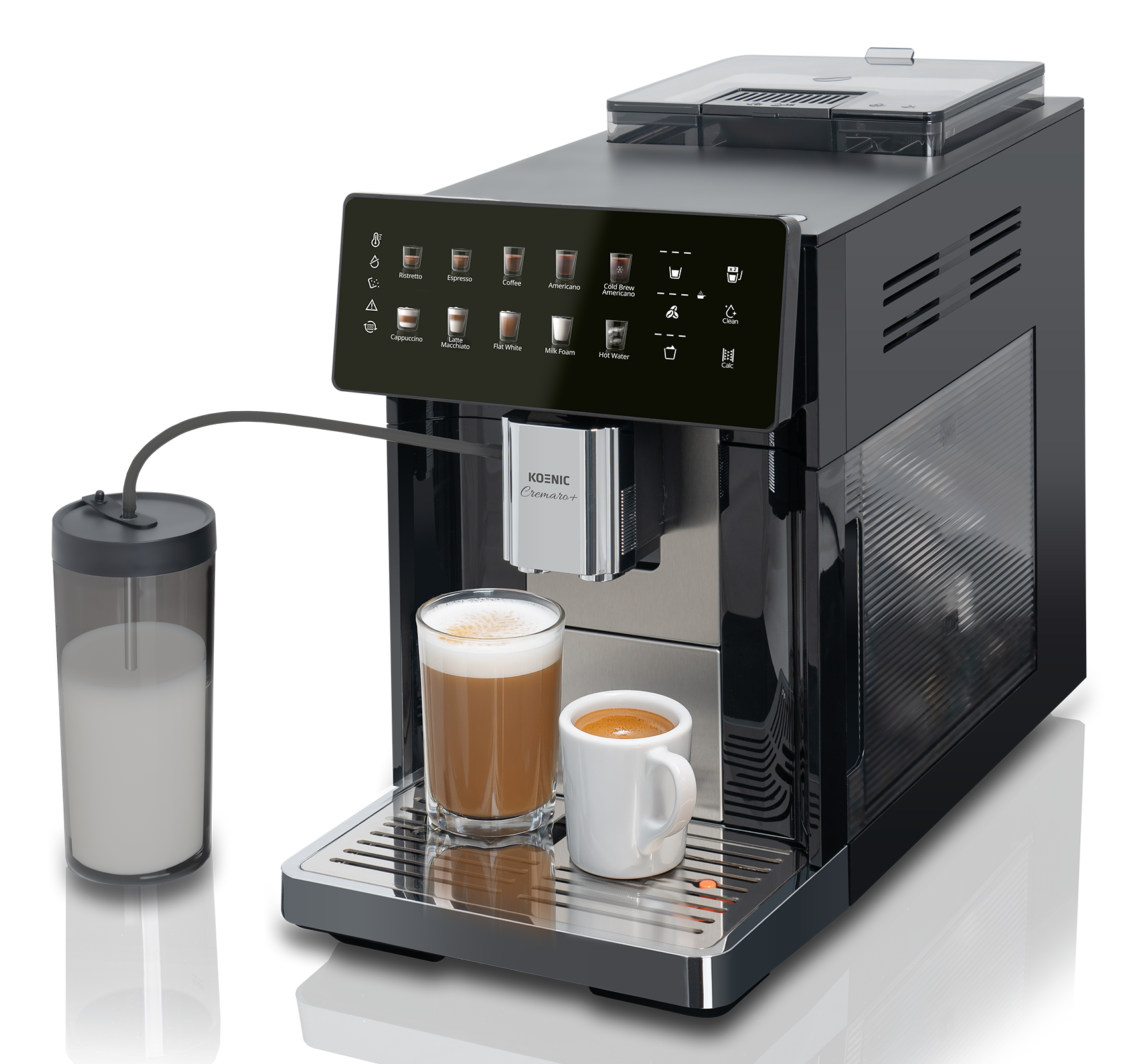 Nowoczesny czarny ekspres do kawy ze zbiornikiem na mleko, szklanką i filiżanką espresso na czarnym tle.
