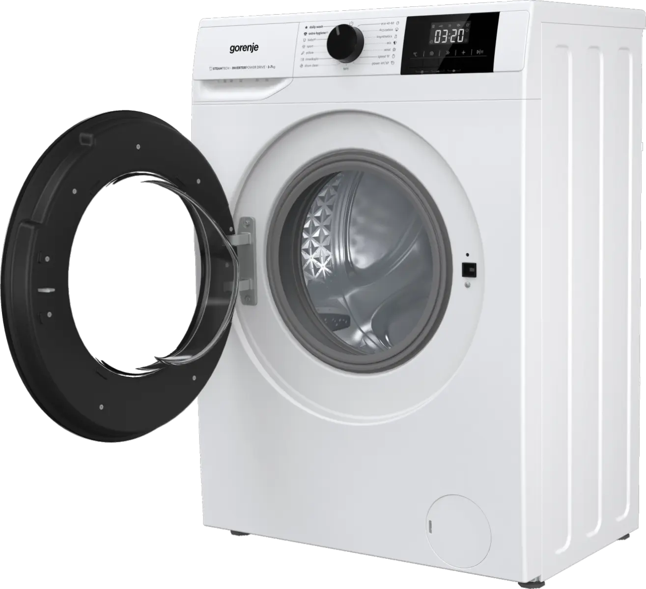 Egy fehér Gorenje mosógép nyitott fekete ajtóval és digitális kijelzővel.