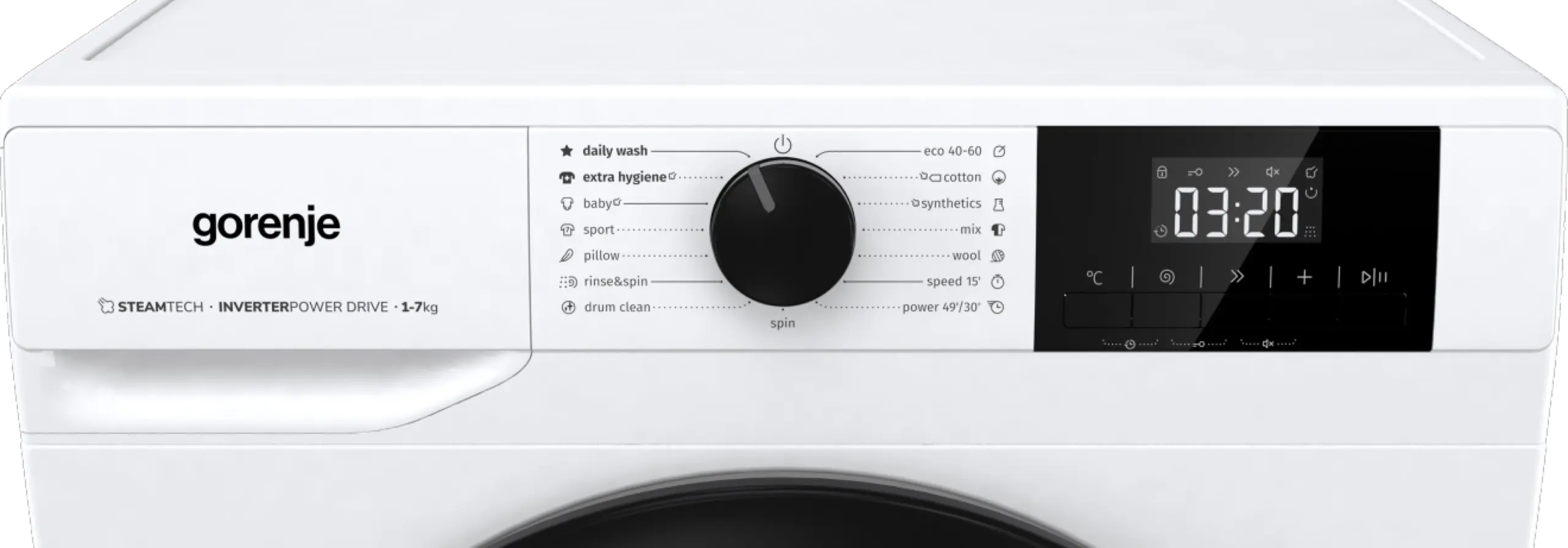 Fehér Gorenje mosógép vezérlőpultja forgatógombbal és digitális időkijelzéssel.