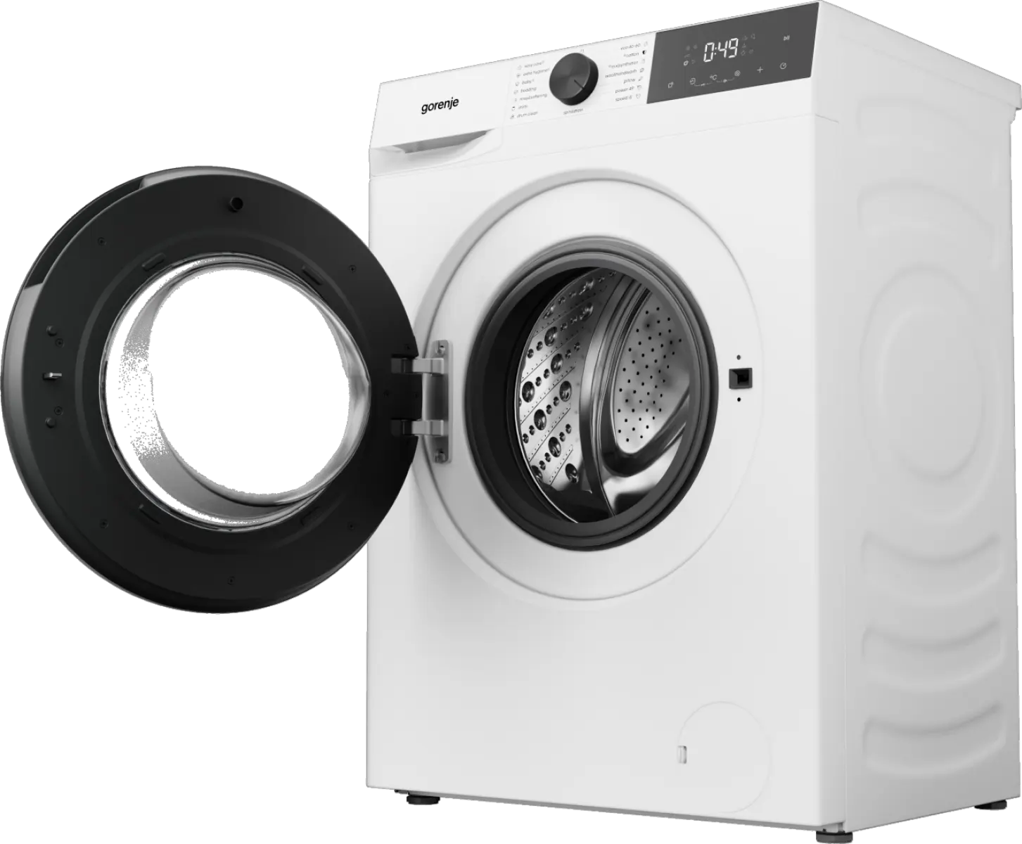 Egy fehér Gorenje mosógép nyitott fekete ajtóval mutatja a rozsdamentes acél dobot.
