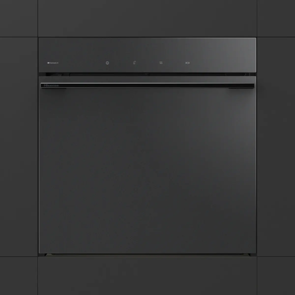 Modern, fekete beépíthető sütő minimalista designnal és érintőképernyővel.