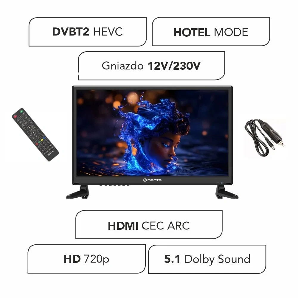 Telewizor Manta z pilotem, 12V/230V, HDMI i dźwiękiem Dolby.