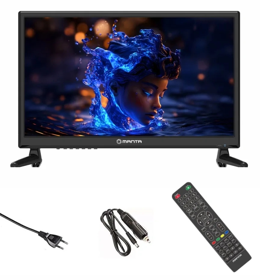 Czarny telewizor, pilot, kabel zasilający i ładowarka samochodowa na białym tle.