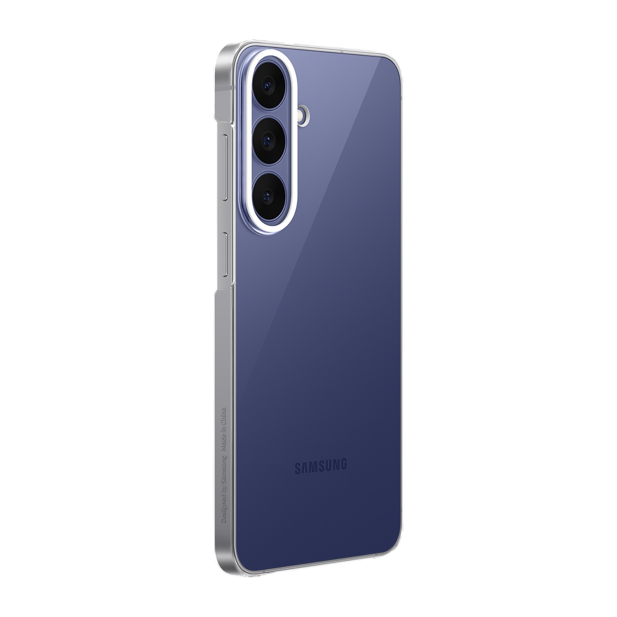 Gümüş çerçeveli ve beyaz ışıklı üç dikey kameralı mavi Samsung akıllı telefon arkası.