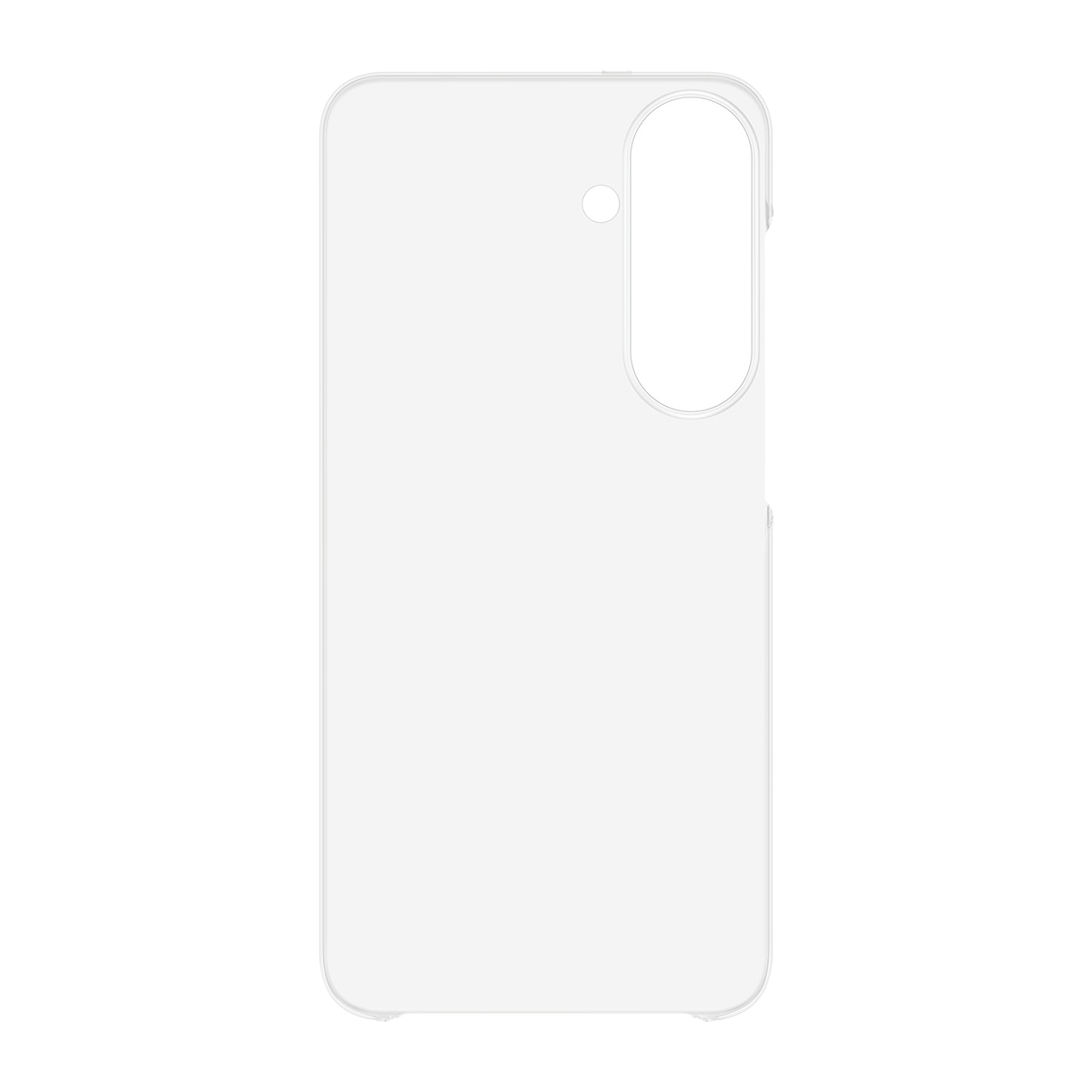 Beyaz arkaplanda çift kamera ve flaş kesikli şeffaf akıllı telefon kılıfı.
