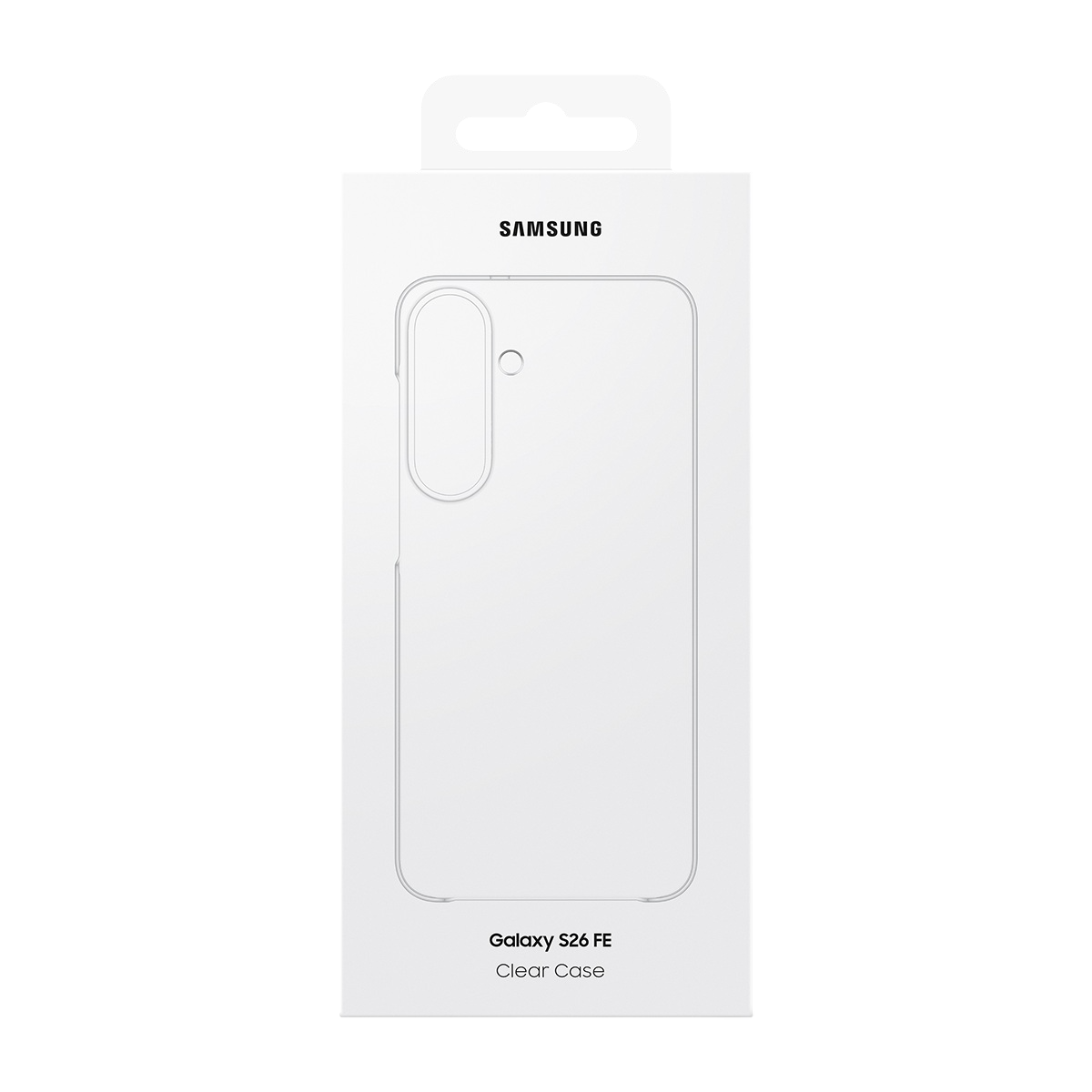 Üst kısmında asma sekmesi bulunan beyaz renkli bir Samsung Galaxy S26 FE Clear Case ambalaj kutusu.