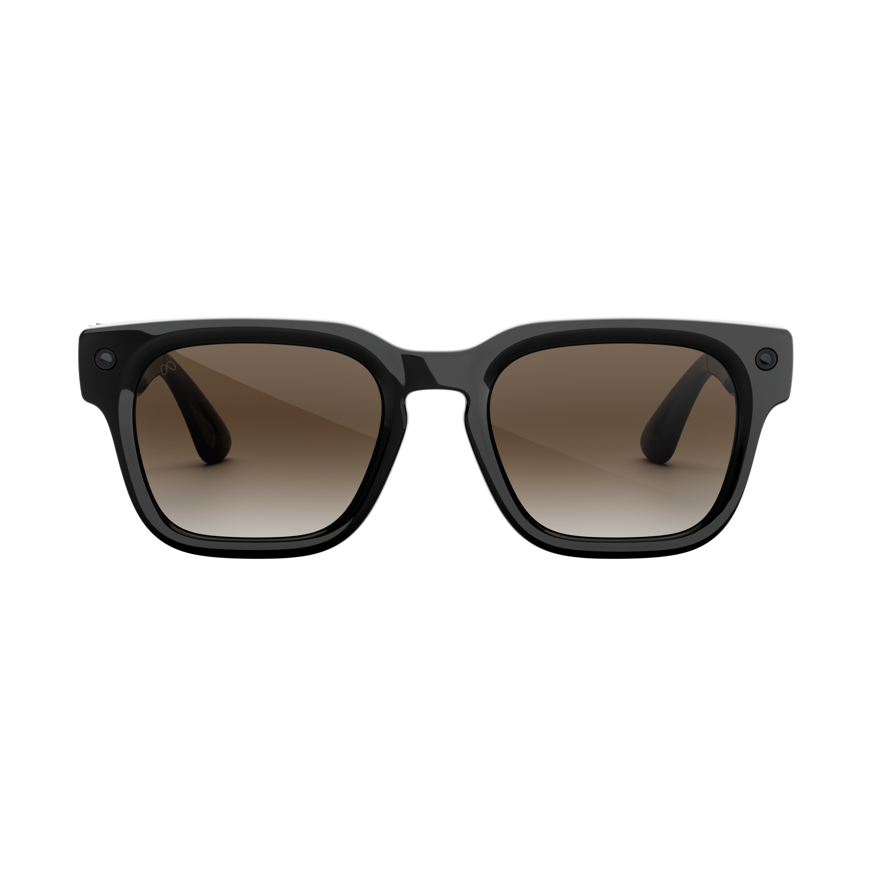 Gafas de sol cuadradas con montura negra y lentes marrones degradadas sobre fondo negro.
